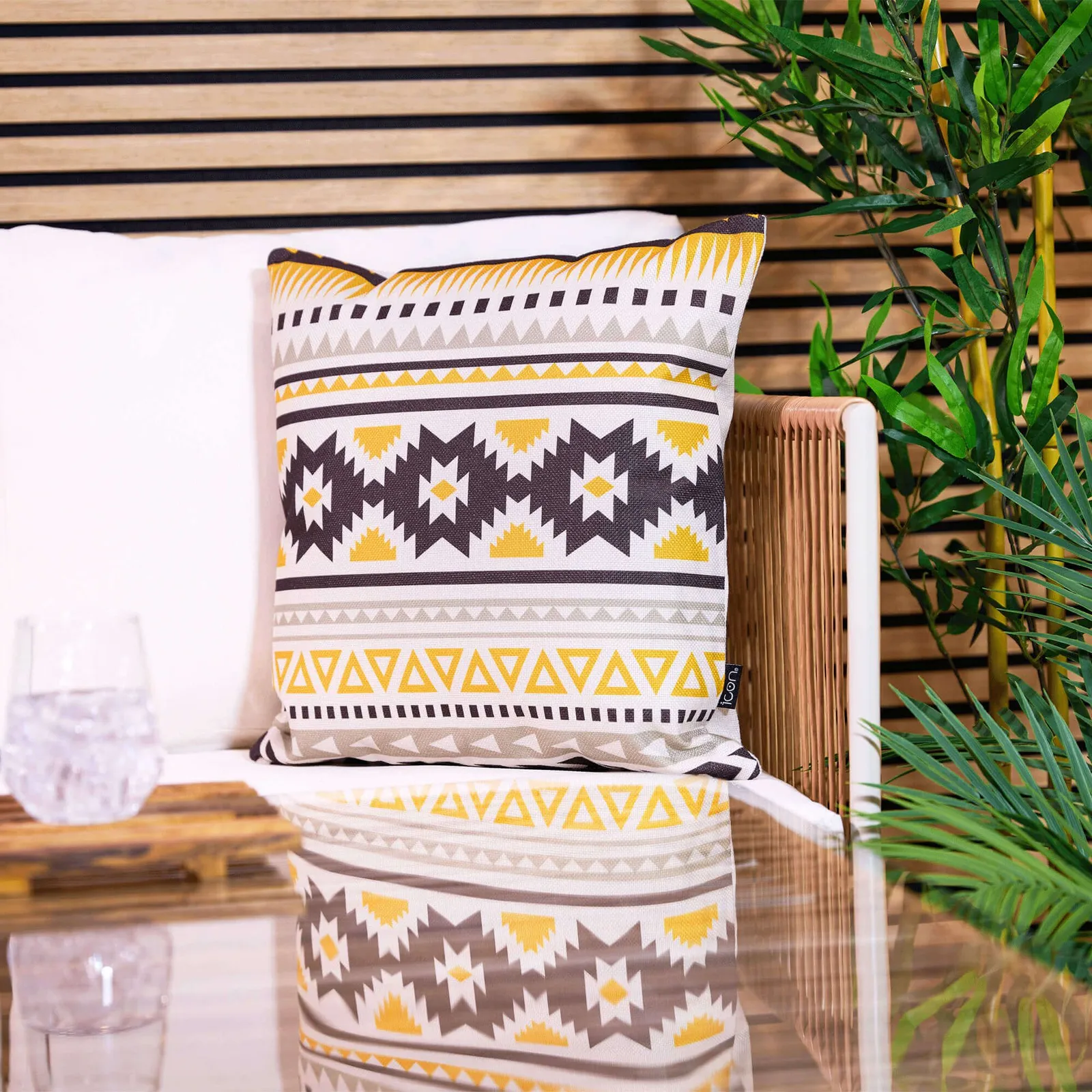 icon Indoor & Outdoor Aztec Print Waterproof Cushion, Ochre Yellow