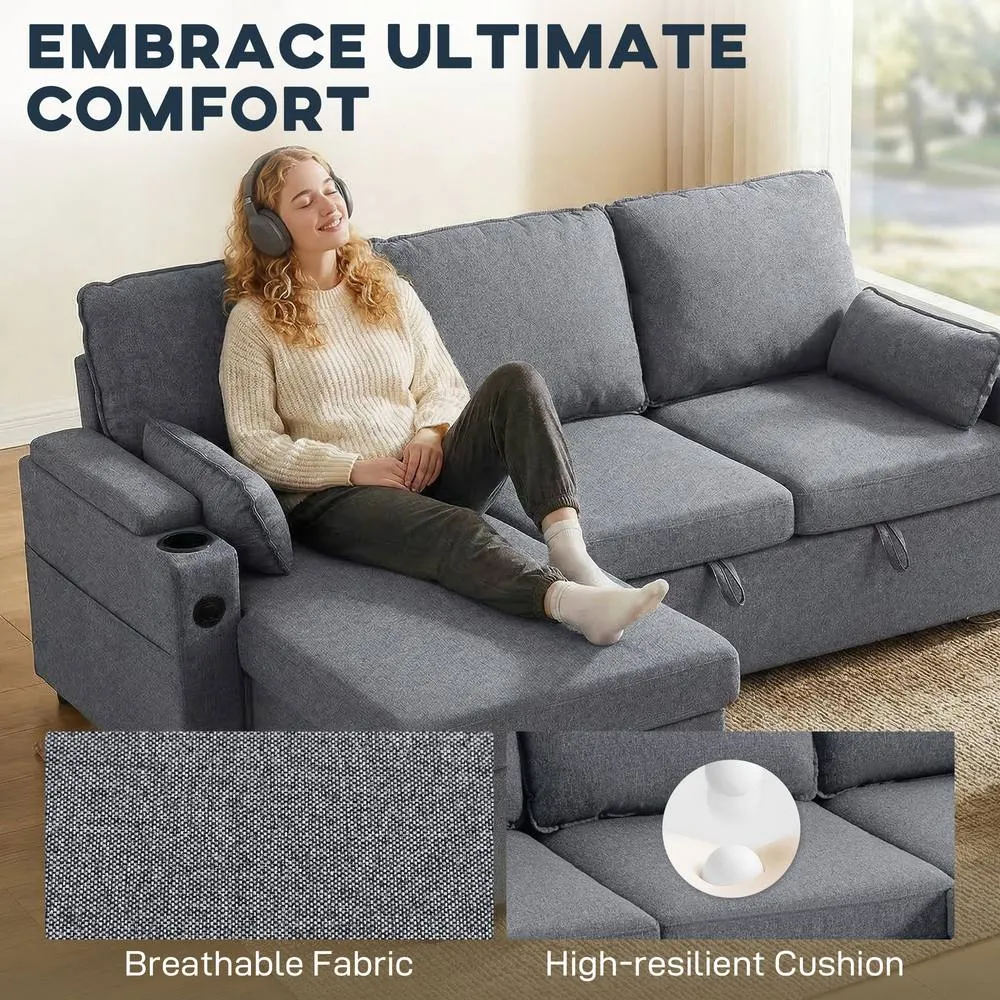 HOMCOM Corner Sofa Bed, L Shaped Sofa with Storage Chaise, USB Ports in Grey 4