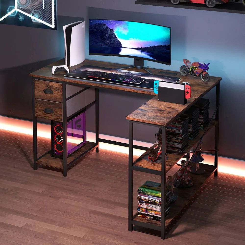 Costway L-Shaped Desk w/ Charging Station Desk w/ 2 Fabric Drawers in Brown 4