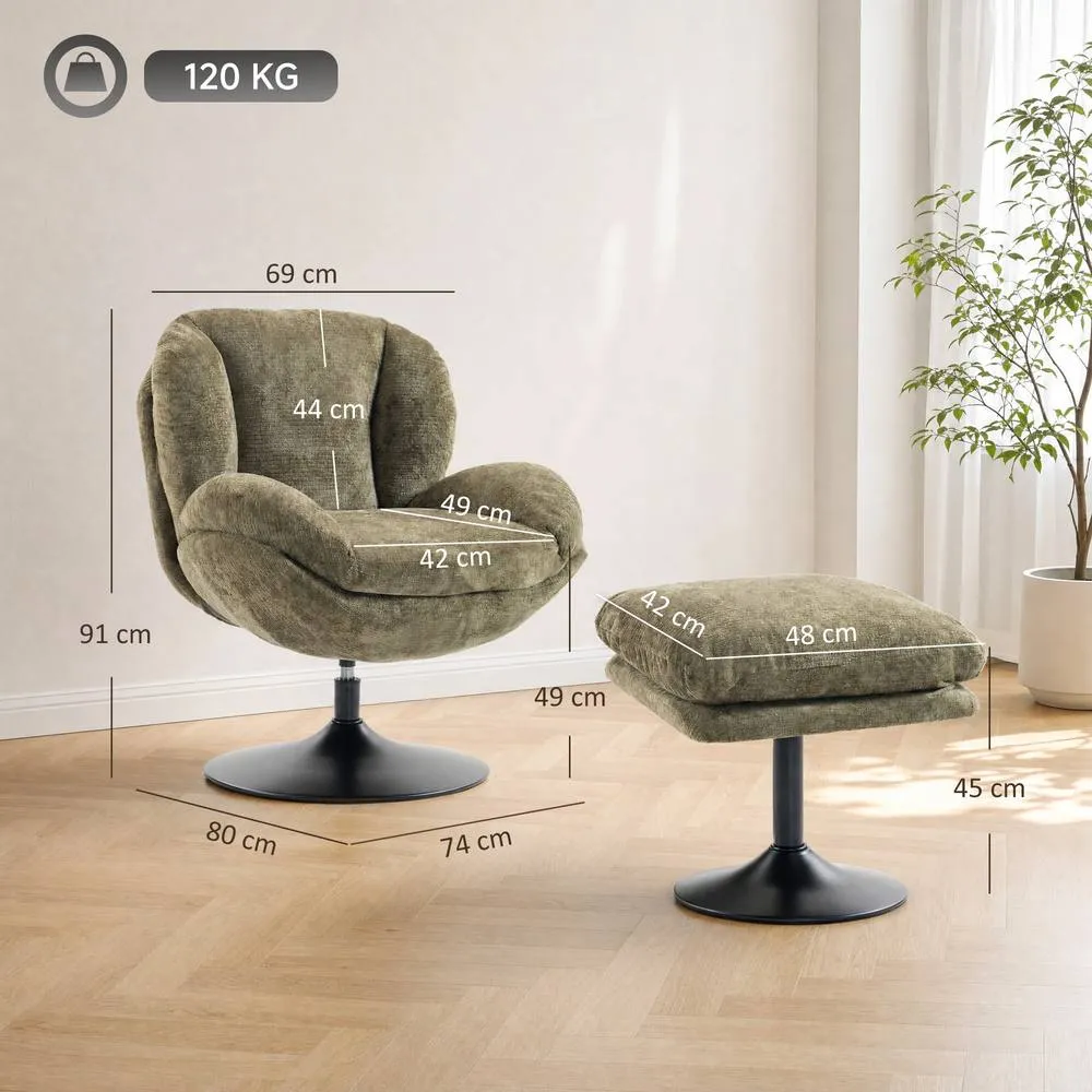 HOMCOM Chenille Lazy Chair with Ottoman, 360° Swivel, Dark Green 3