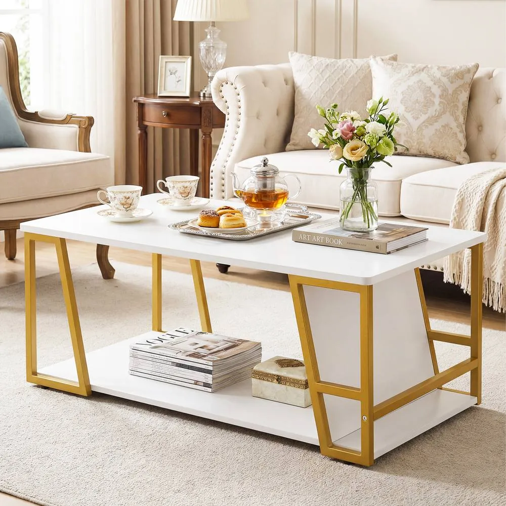Costway Rectangle Coffee Table 2-tier Cocktail Center Accent Table w/ Shelf 3