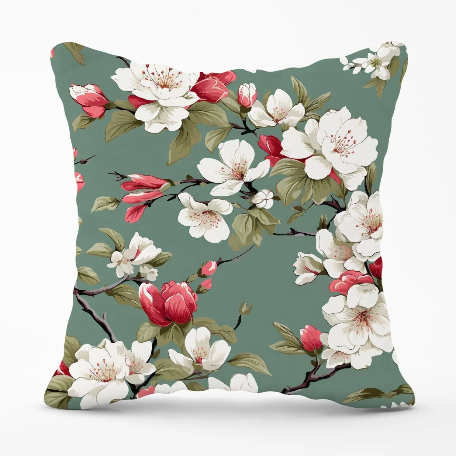 Warren Reed - Designer Pink & White Blossom Outdoor Cushion in Green