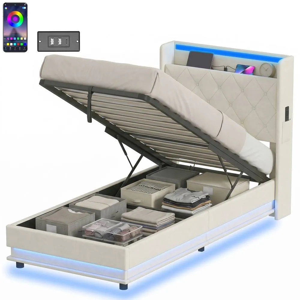 HOMCOM Lift up Storage Bed Frame with RGB LED Lights 90 x 190cm Cream White