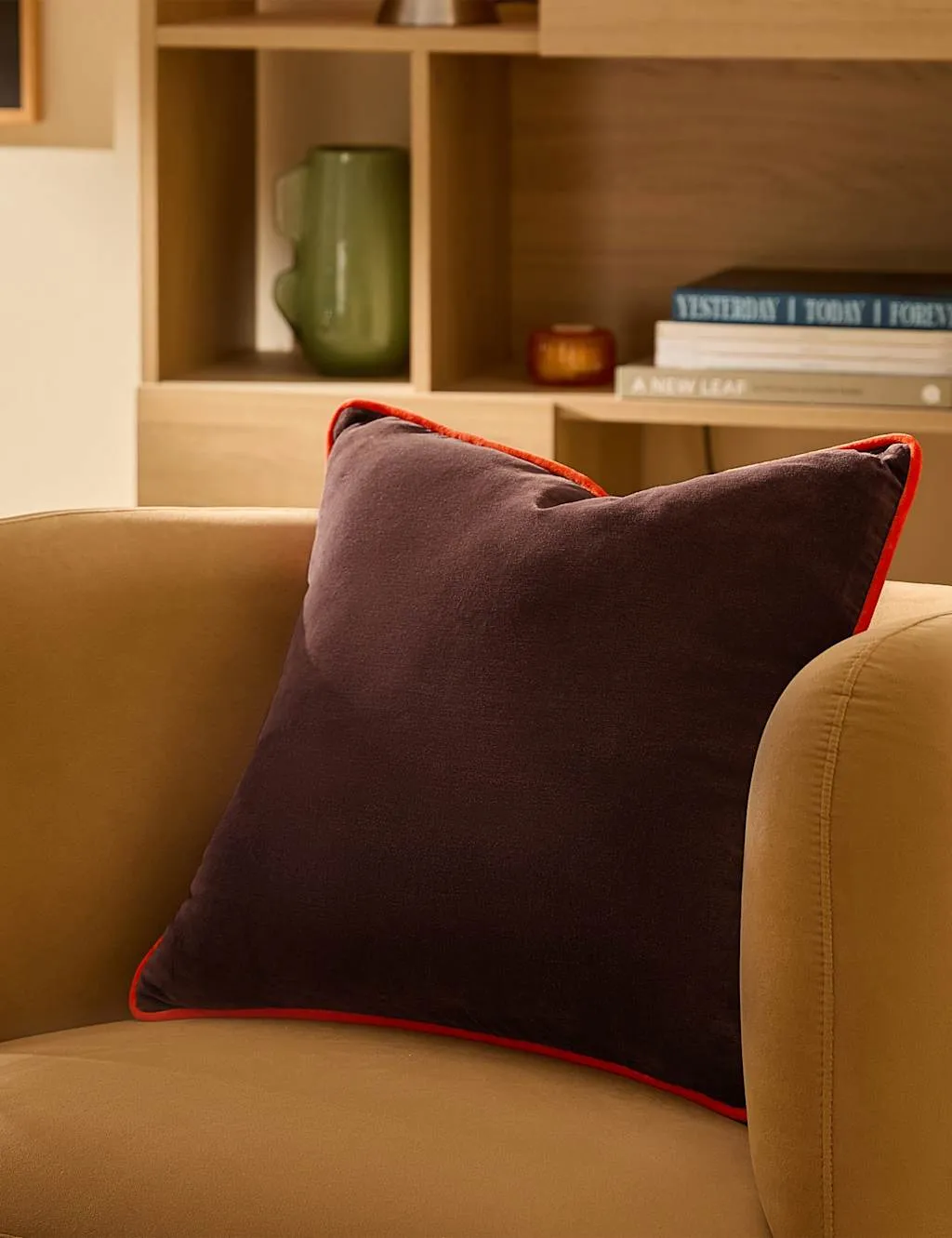 MADE Bailey Brushed Cotton Velvet Piped Cushion Brown Mix