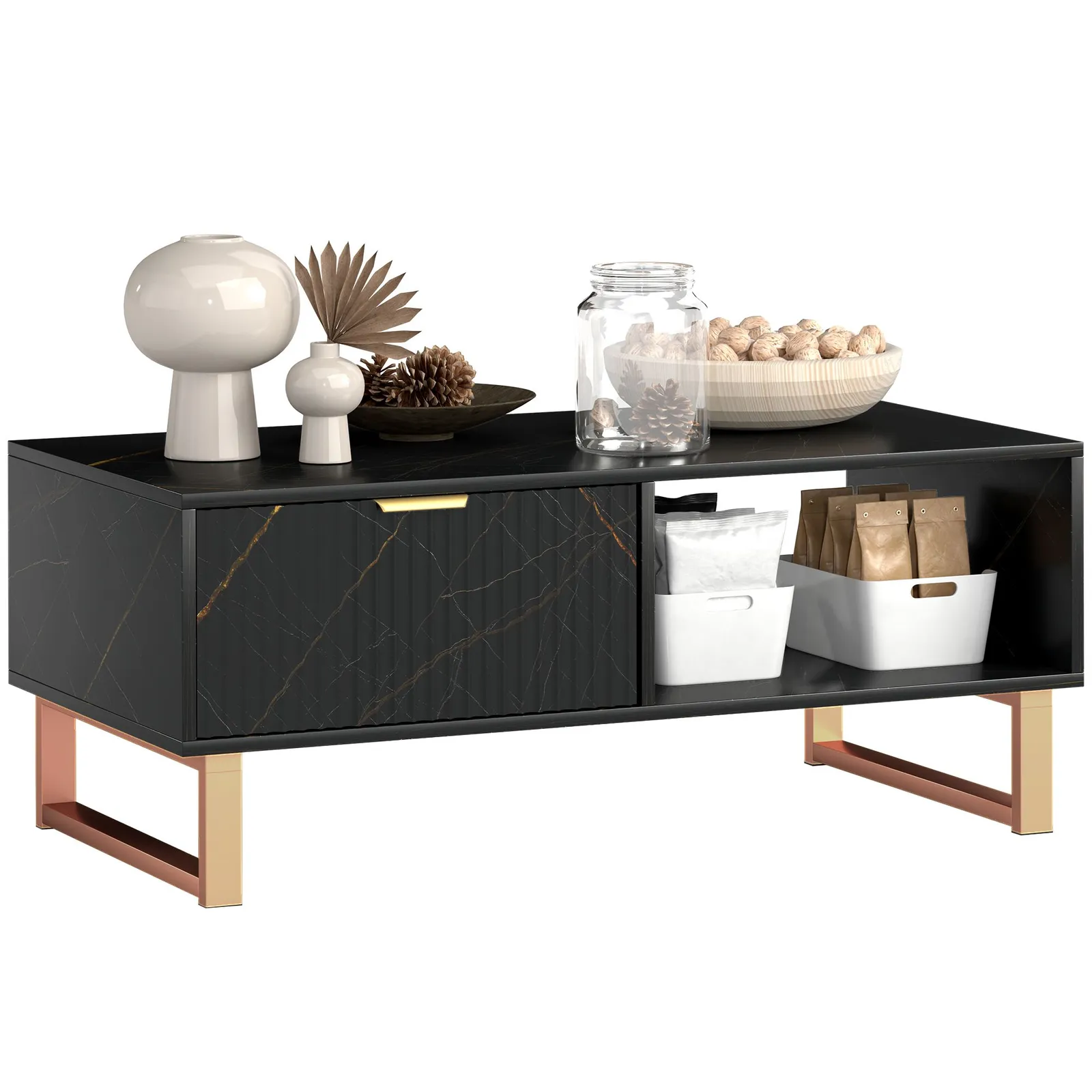 HOMCOM Coffee Table, Living Room Table with Drawer & Open Shelves in Black 2
