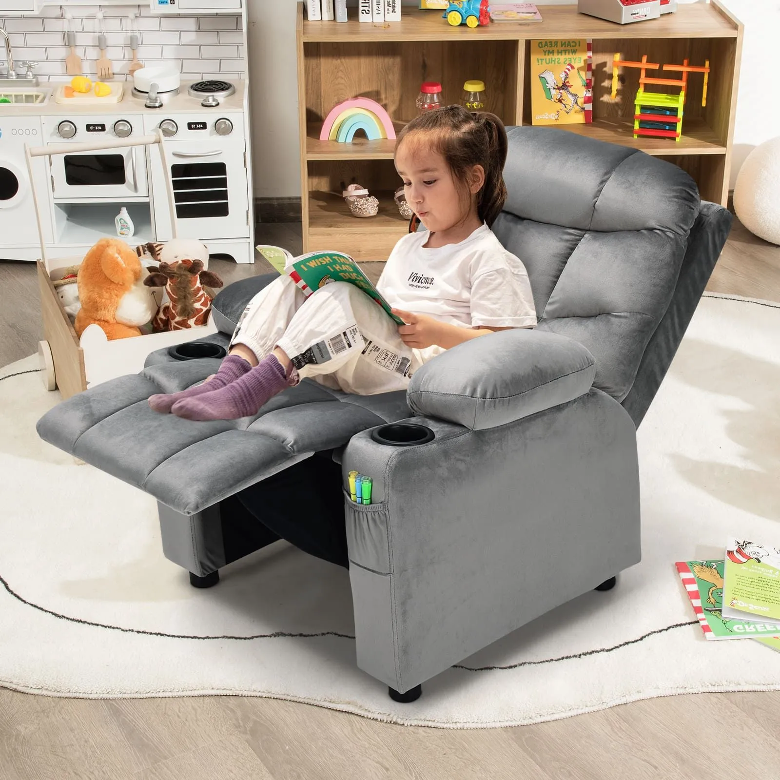 Costway Recliner Chair Velvet Fabric Adjustable Sofa Chair Gaming Lounge Chair in Grey 3