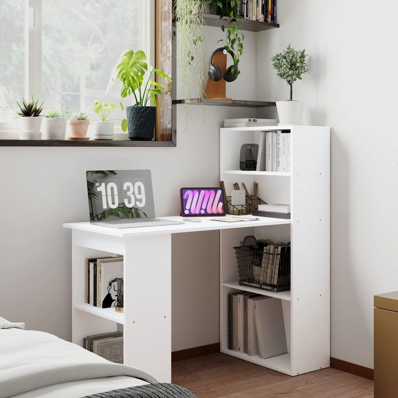 HOMCOM 120cm Modern Computer Desk Bookshelf Writing Table Workstation in White 1