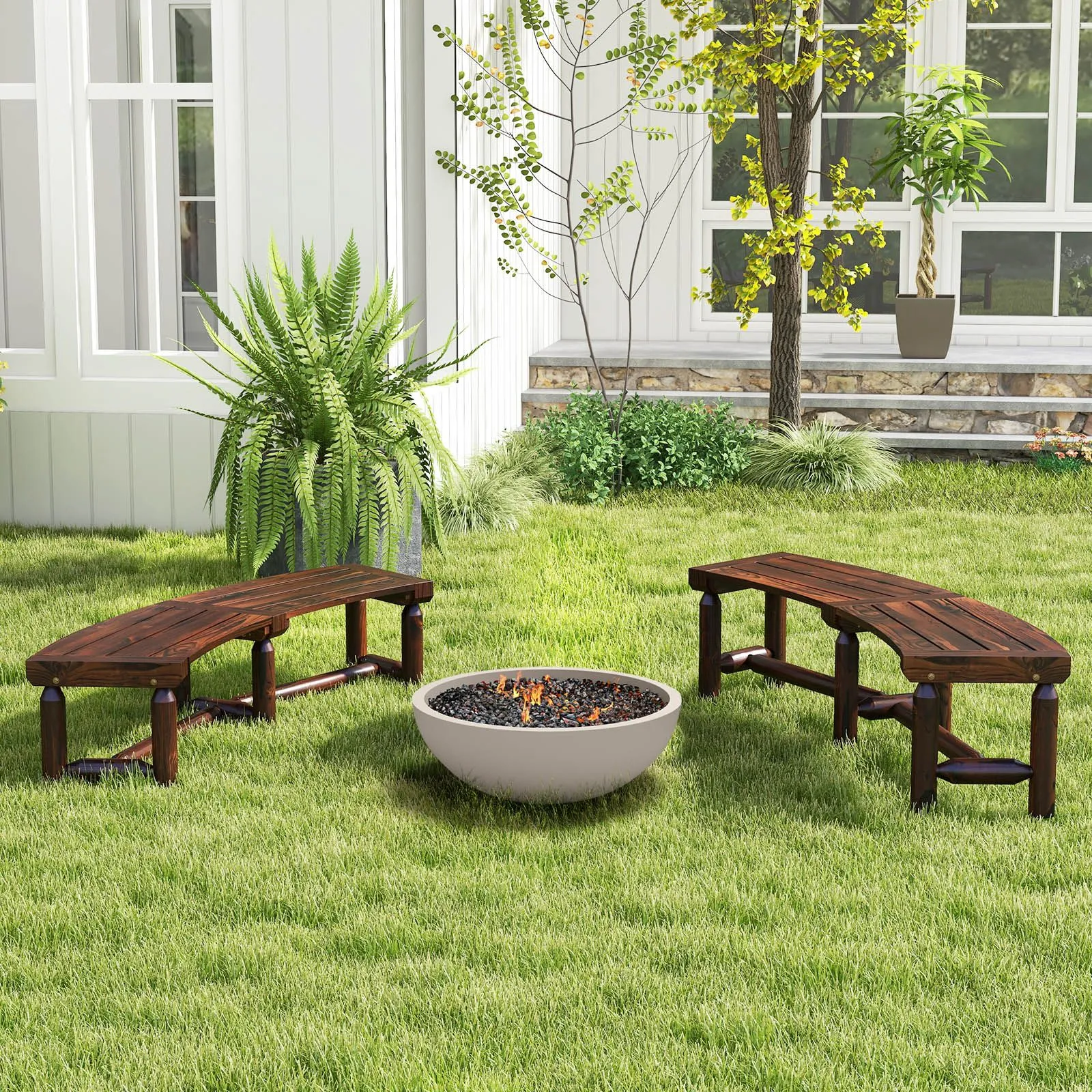 Costway Garden Curved Bench Patio Carbonized Wood Dining Bench Loveseat Slatted Seat in Brown 4