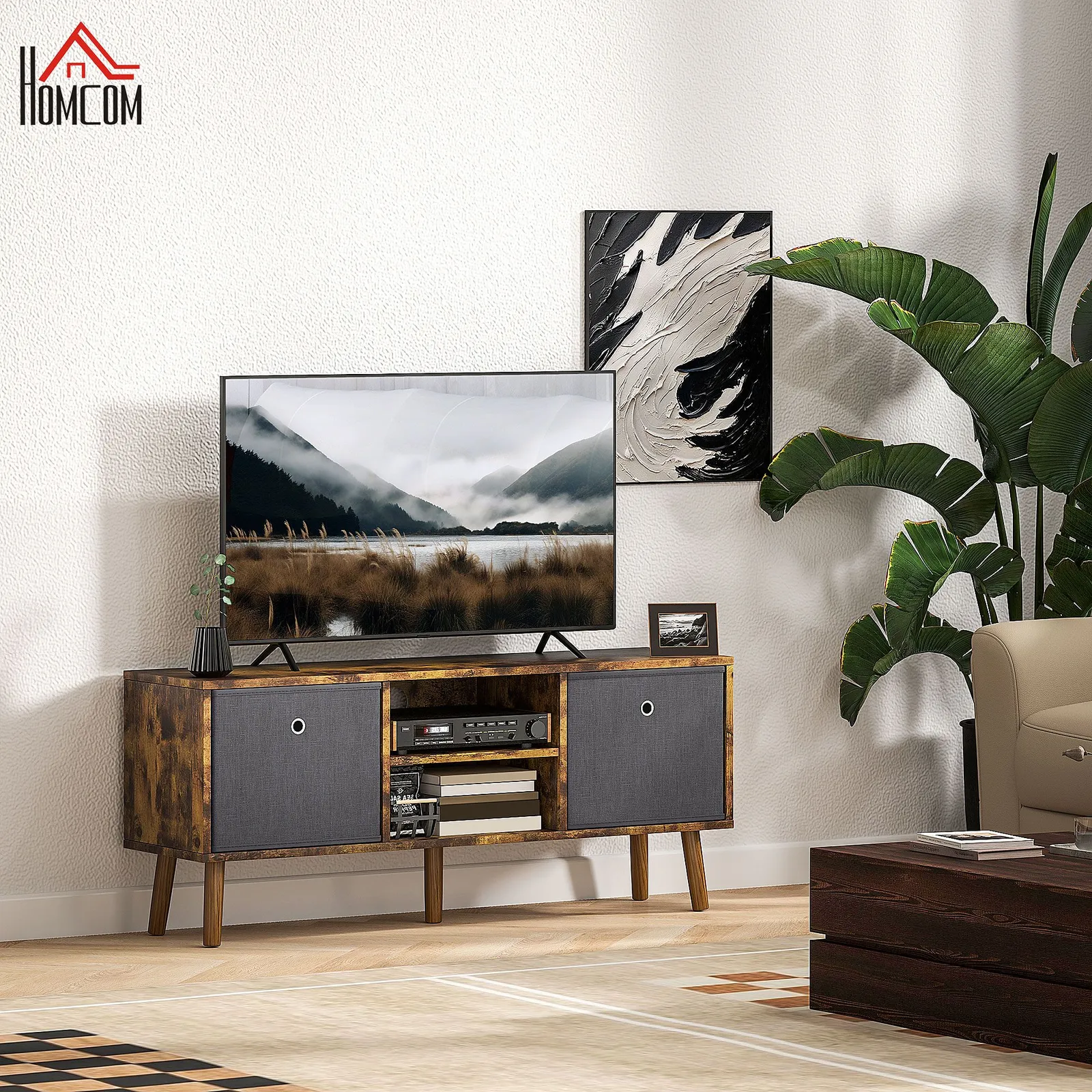 HOMCOM Modern TV Cabinet Stand w/ Shelves & Drawers, Bedroom in Dark Brown