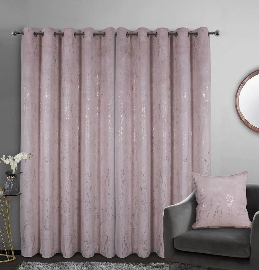 Smart Living Marble Effect Velvet Eyelet Curtains - Thermal Blackout - 2 Panels in Pink 2