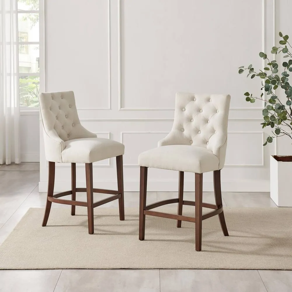 FurnitureboxUK 2x Belgravia Beige Fabric Bar Chairs Walnut Effect Legs 2