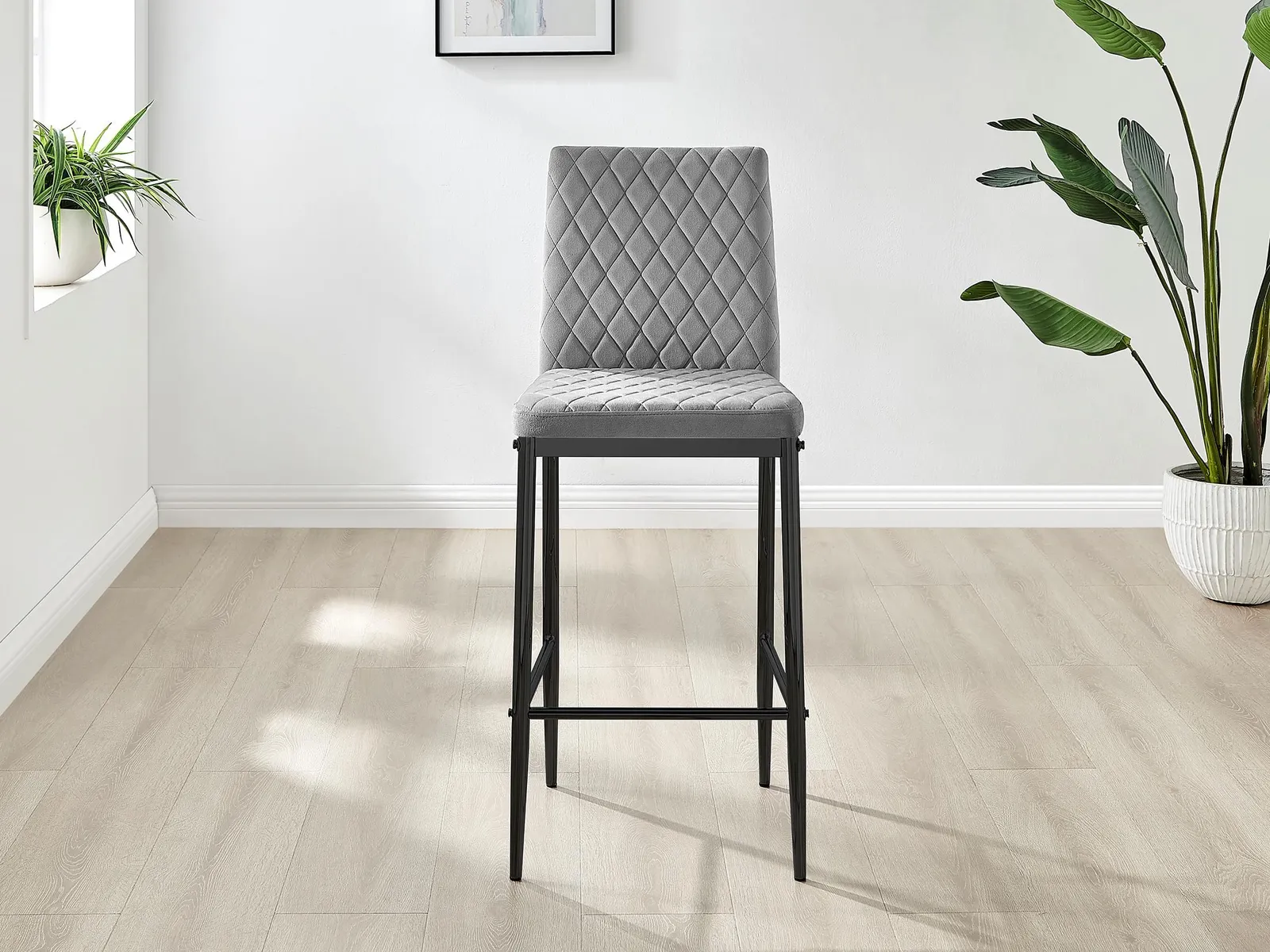 FurnitureboxUK Set of 2 Milan Soft Touch Hatched Velvet Padded Counter Stools With Black Metal Legs in Grey 3