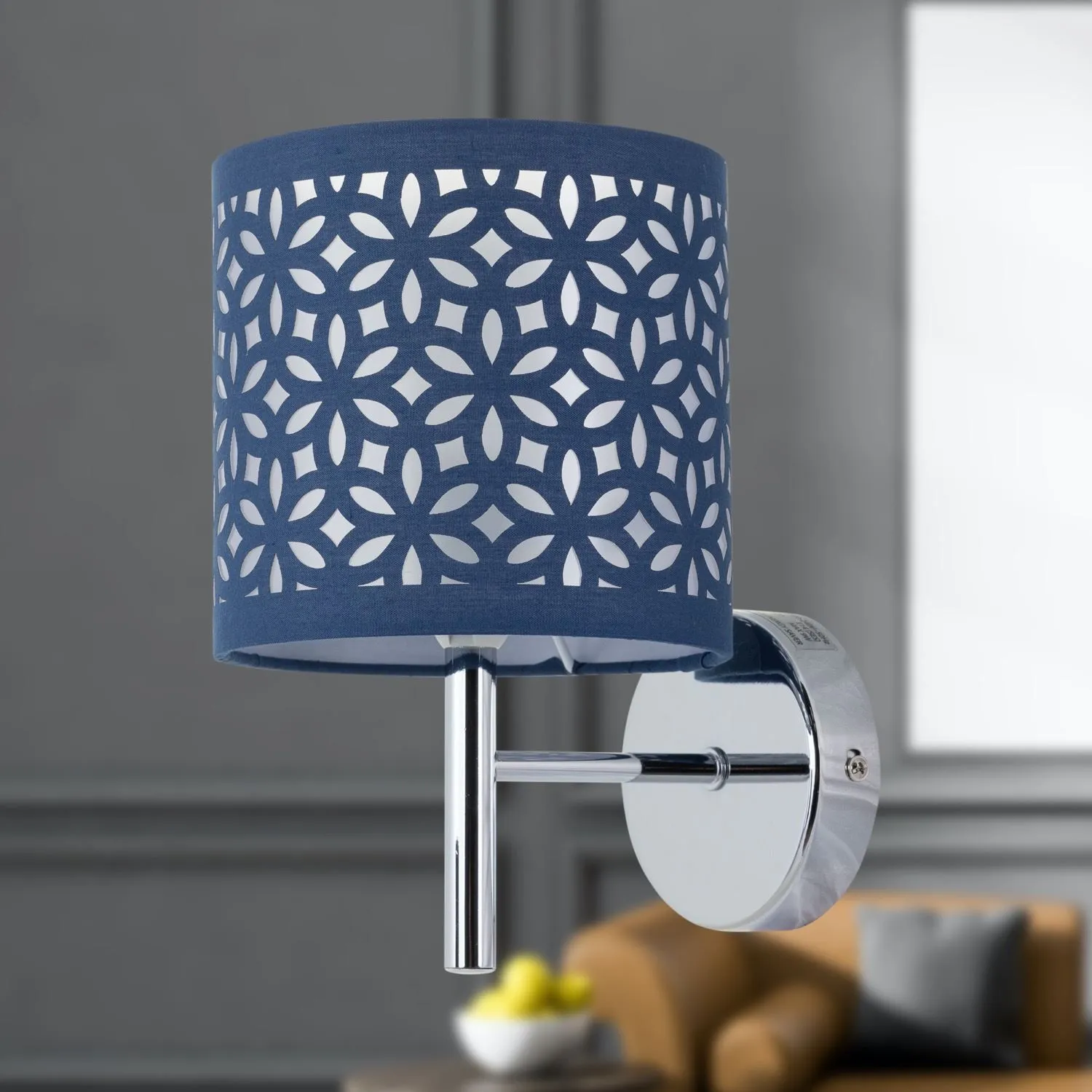 First Choice Lighting Brea - Chrome Wall Light with Navy Blue Cut Out Shade in Silver 4