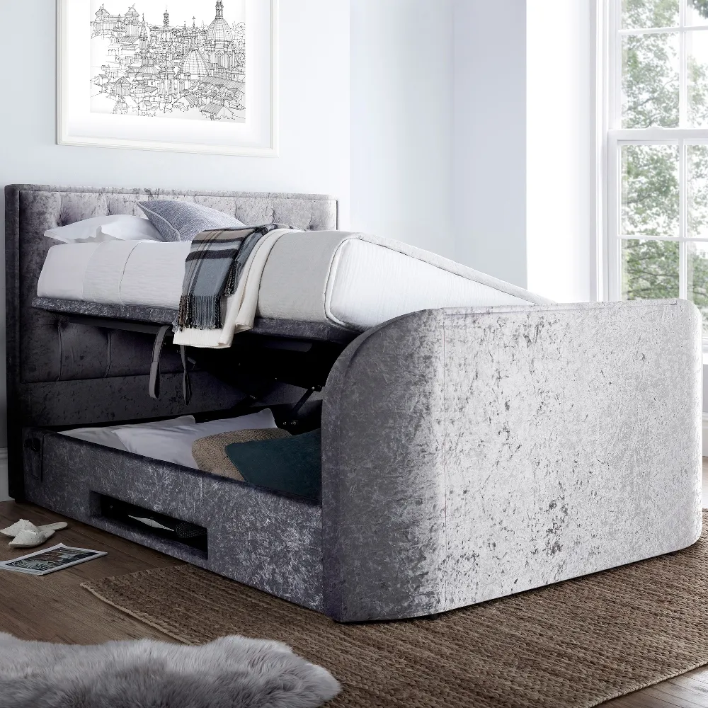 Lyon Silver Velvet Fabric Ottoman Media Electric TV Bed Frame - 6ft Super King Size