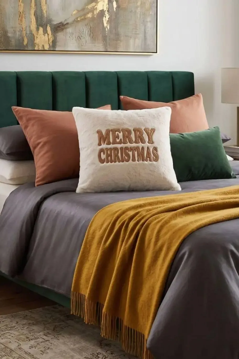 Homescapes Festive Faux Fur Cushion Embroidered Holiday Greeting in Cream 6