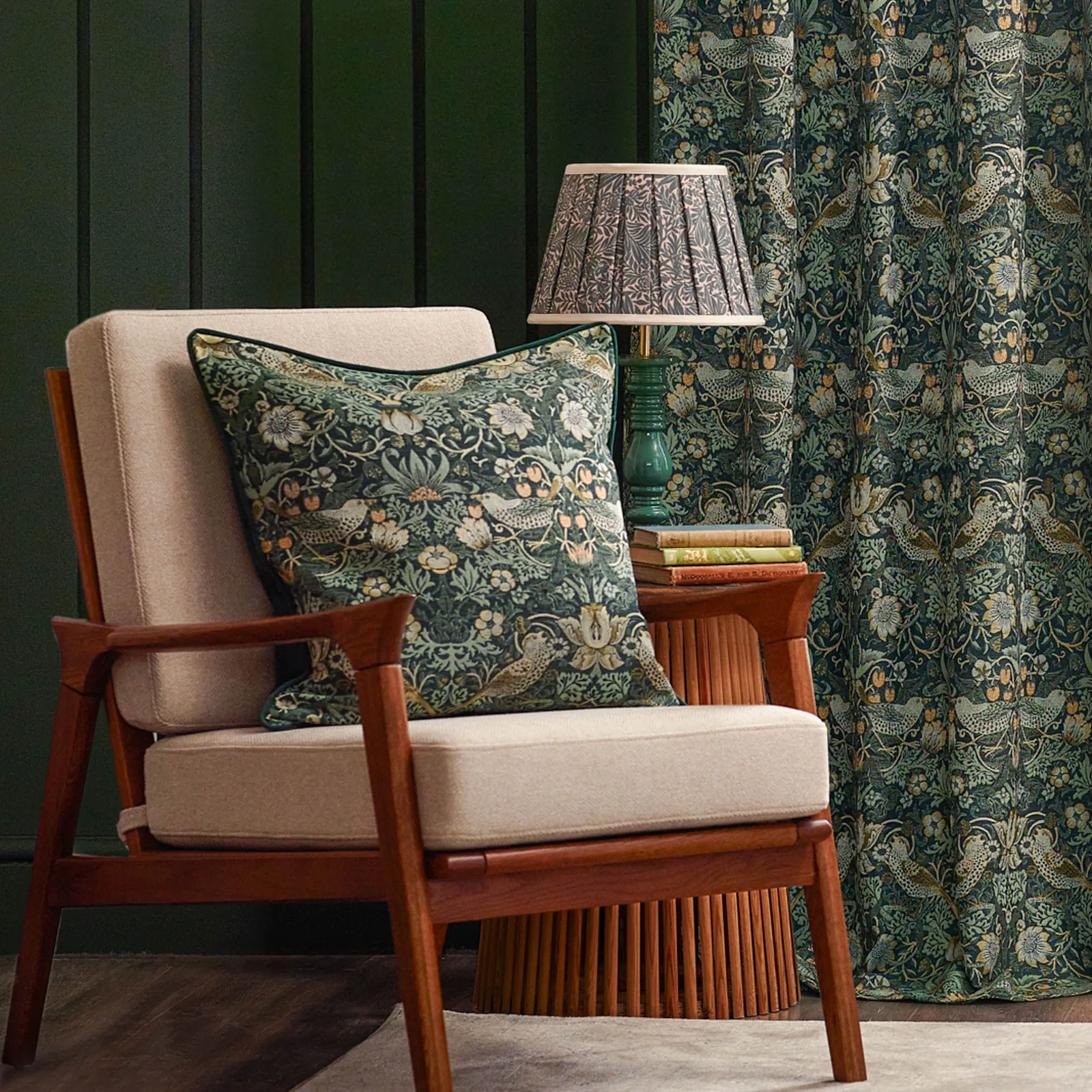 Morris & Co Strawberry Thief Jacquard Floral Room Darkening Pencil Pleat Curtain Pair in Green 4