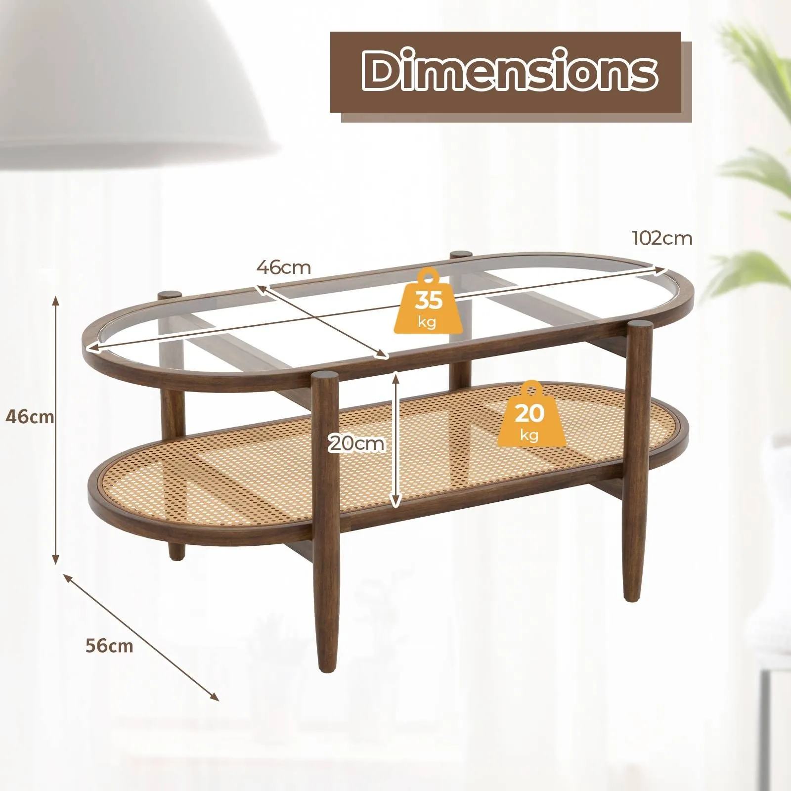 Costway 2-Tier Coffee Table Rattan Center Cocktail Tea Table Tempered Glass Tabletop in Brown 2