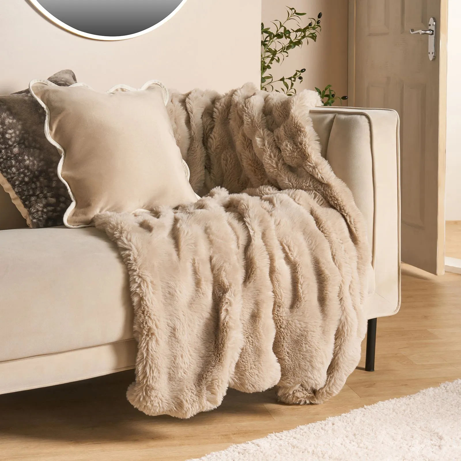 OHS Bubble Faux Fur Fleece Throw Super Soft Fluffy Blanket - Natural