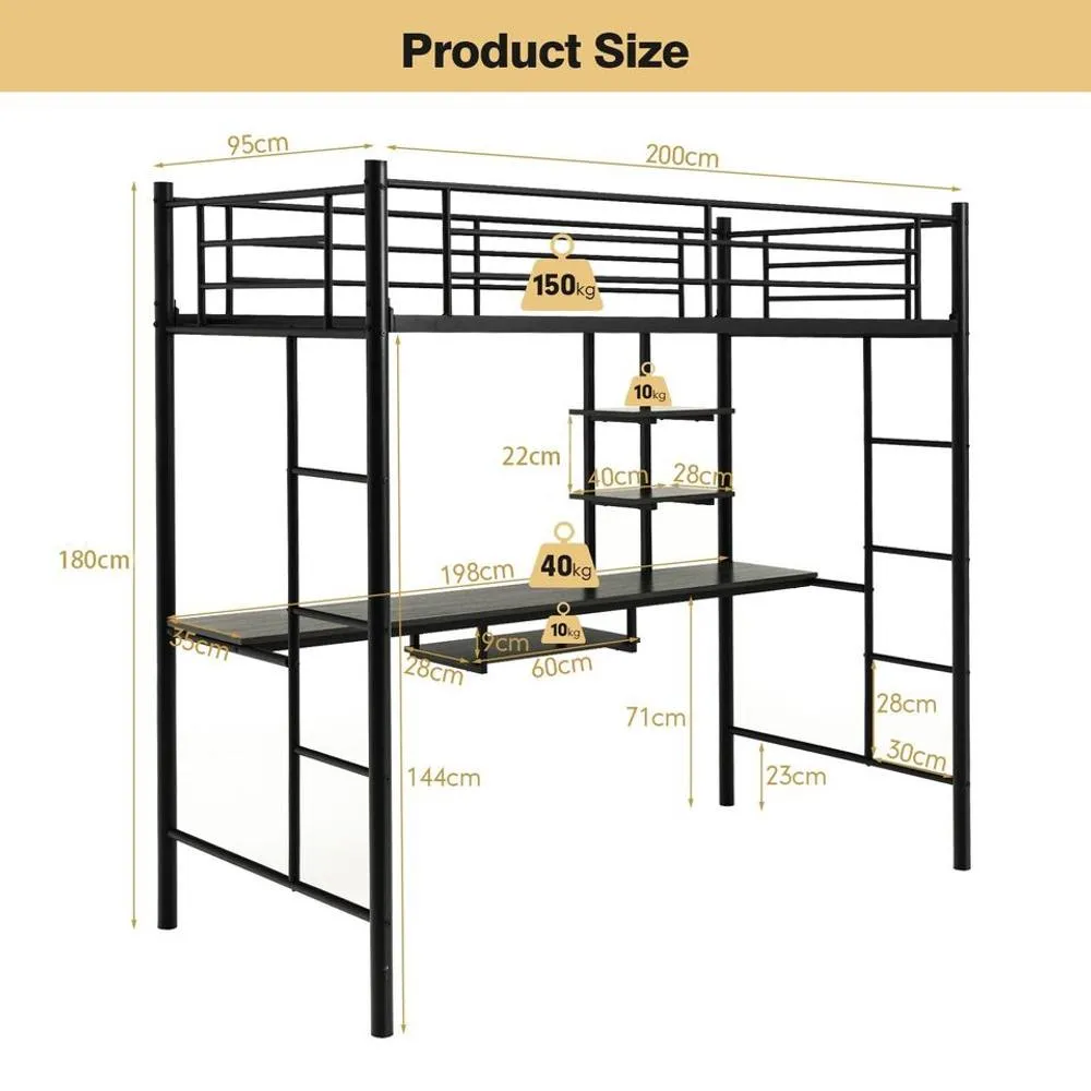 Costway 3.5FT Single Metal Loft Bed Frame High Sleeper Bunk Bed W/ Desk Storage Shelves in Black 6