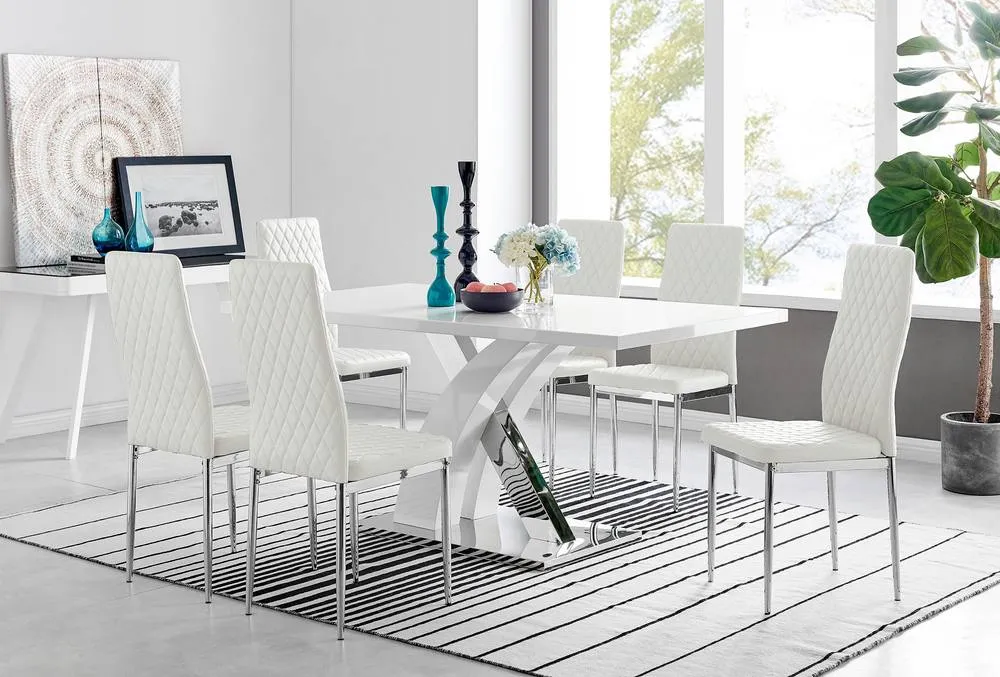 FurnitureboxUK Atlanta Modern Rectangle Chrome Metal High Gloss White Dining Table & 6 Milan Chairs Set in Off-White 1