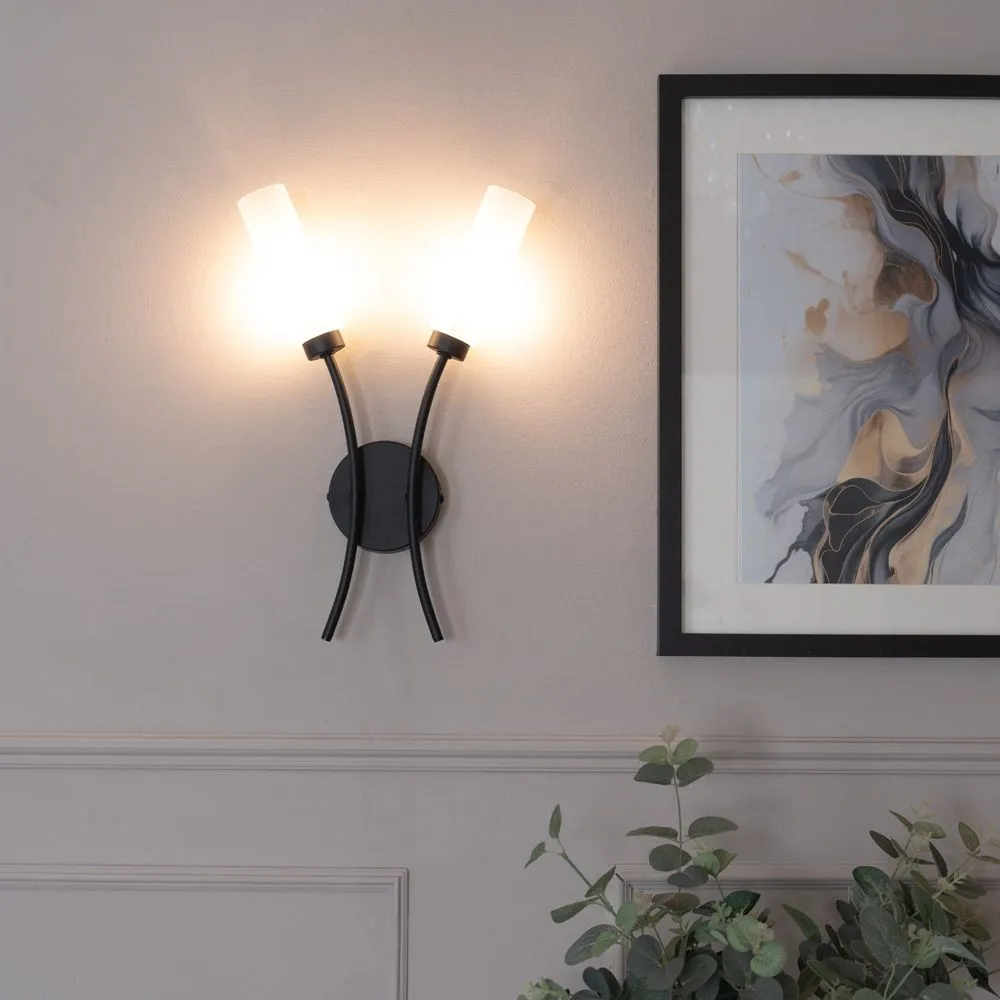 ValueLights Maya Pair of 2 Way Curved Upright Reed Shaded Wall Lights in Black 1