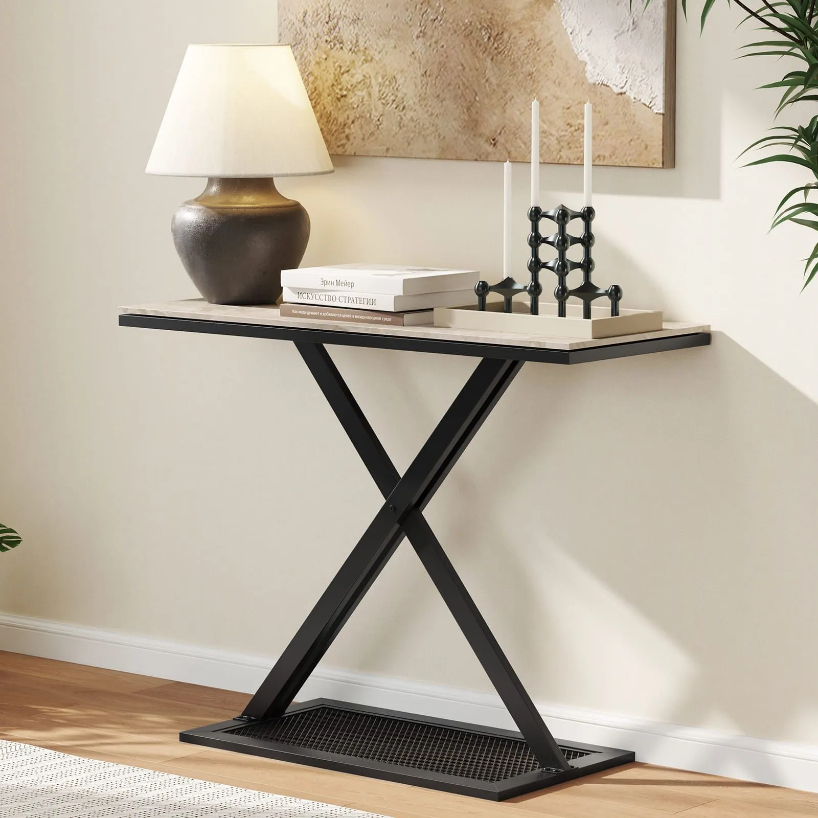 Costway Faux Marble Top Console Table Metal Frame Entryway Table in White 4
