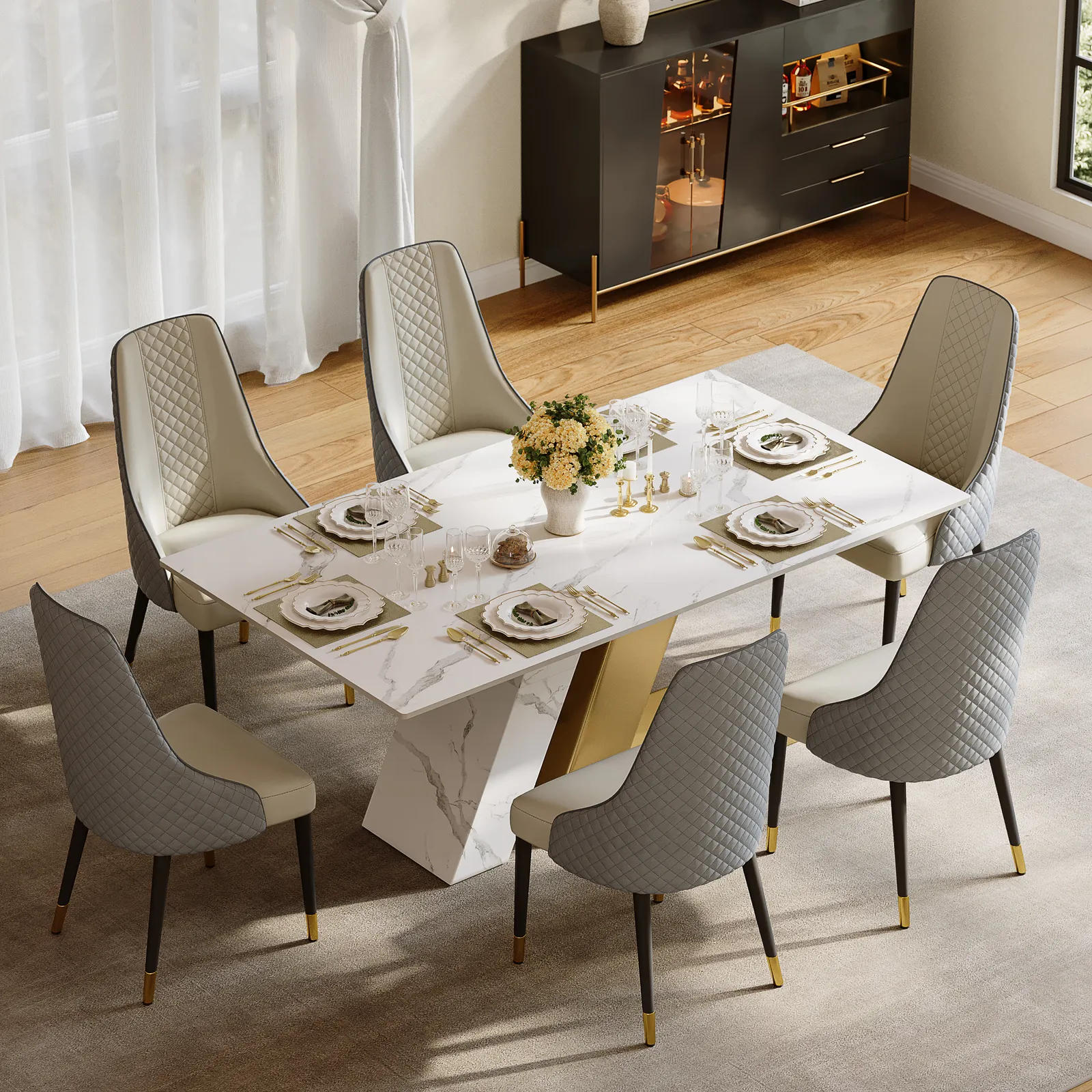 Dining Set 180 cm Modern Rectangle Sintered Stone Dining Table with 6 Chairs