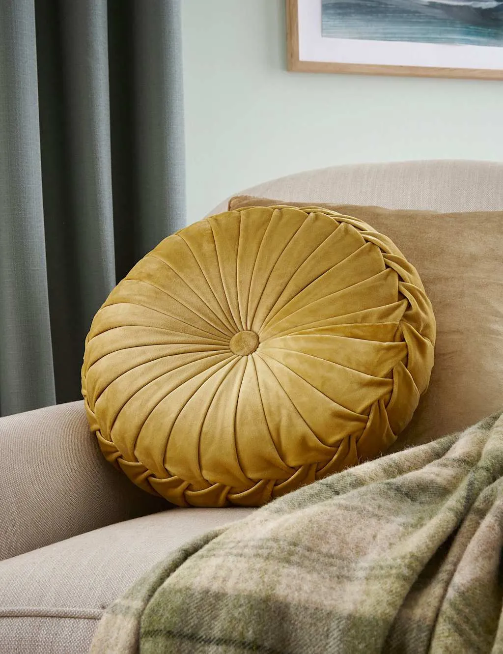 Laura Ashley Rosanna Velvet Round Pleated Cushion Yellow