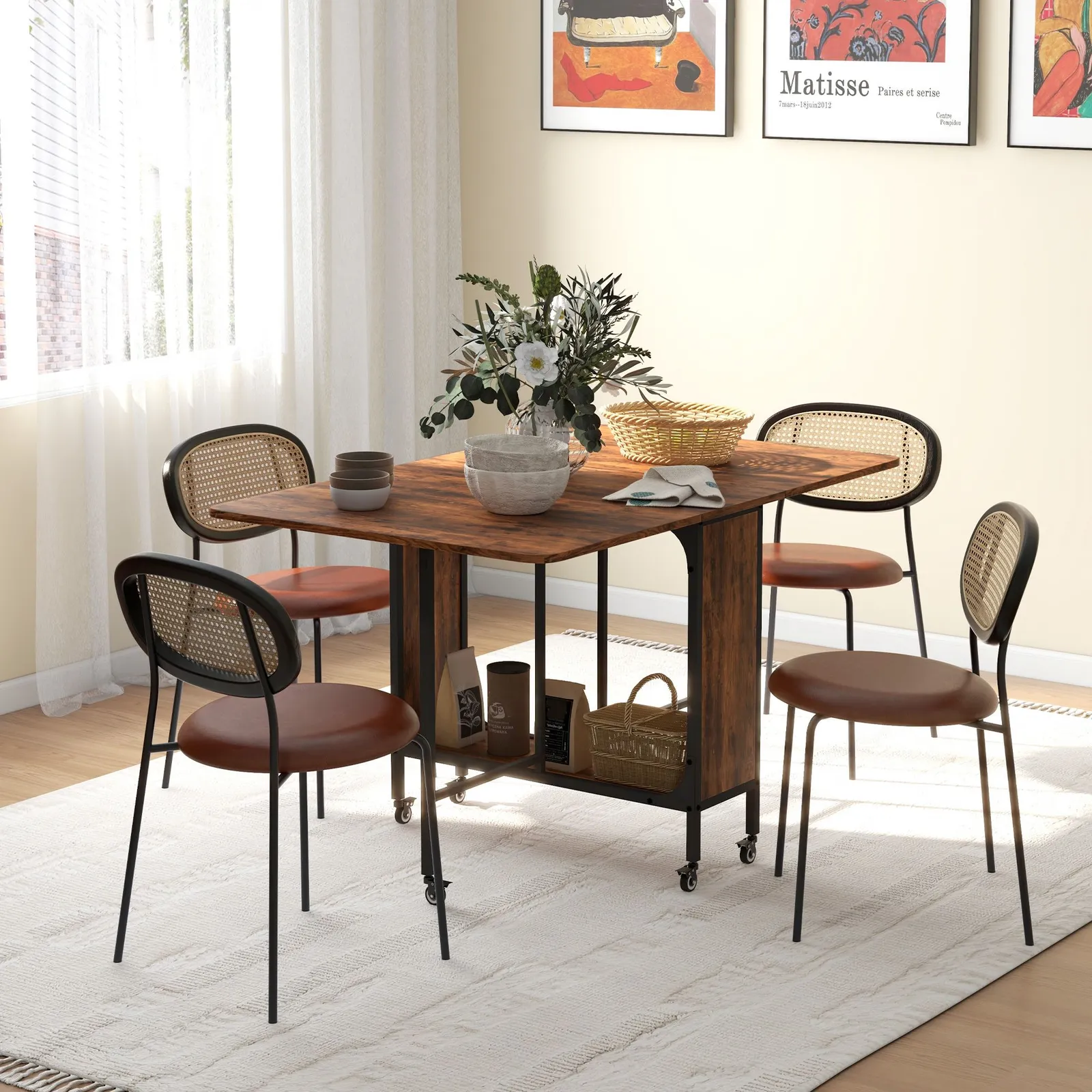 HOMCOM Mobile Drop Leaf Dining Table on Wheels with Storage Shelf in Dark Brown