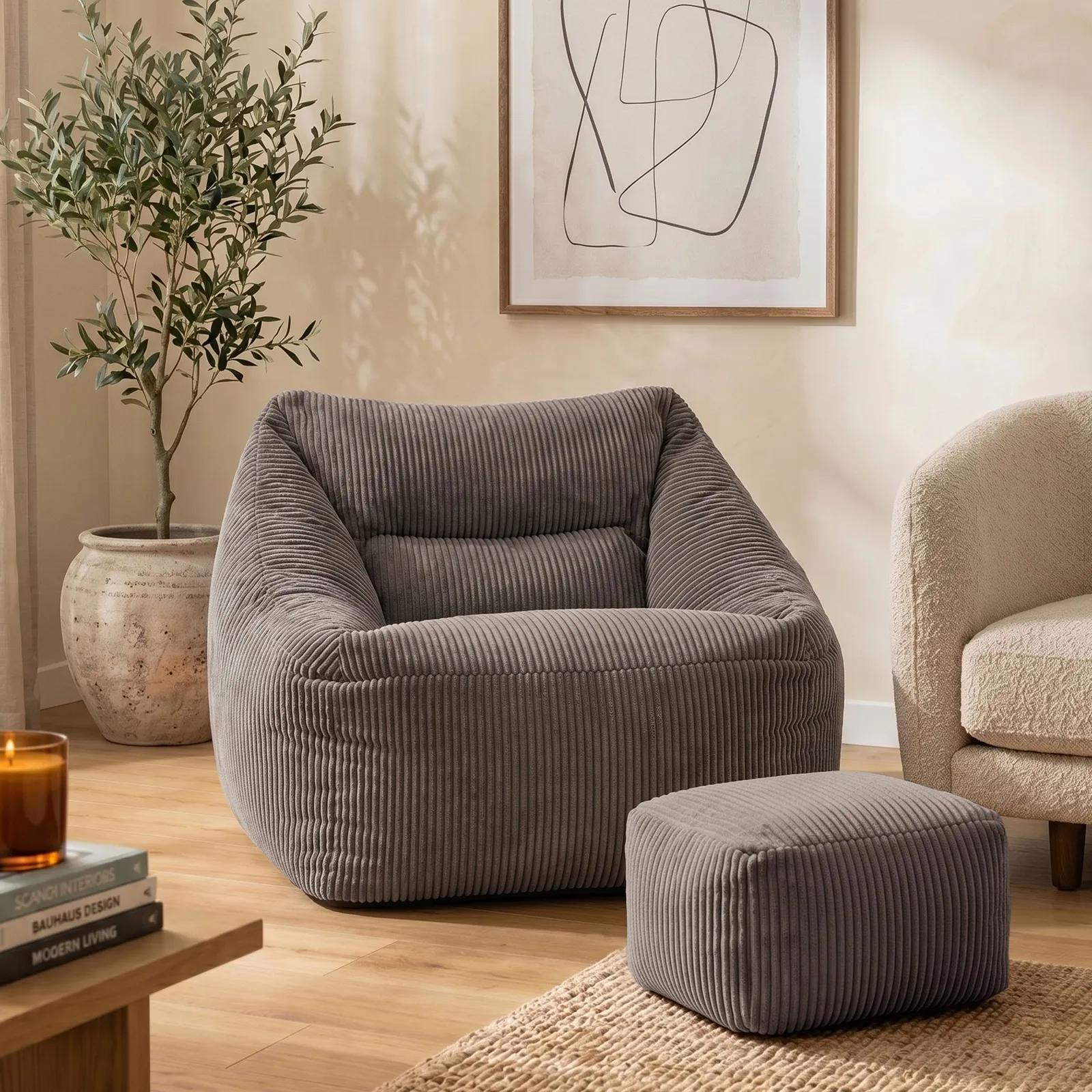 icon Bean Bag Armchair & Footstool Jumbo Cord Bundle in Charcoal