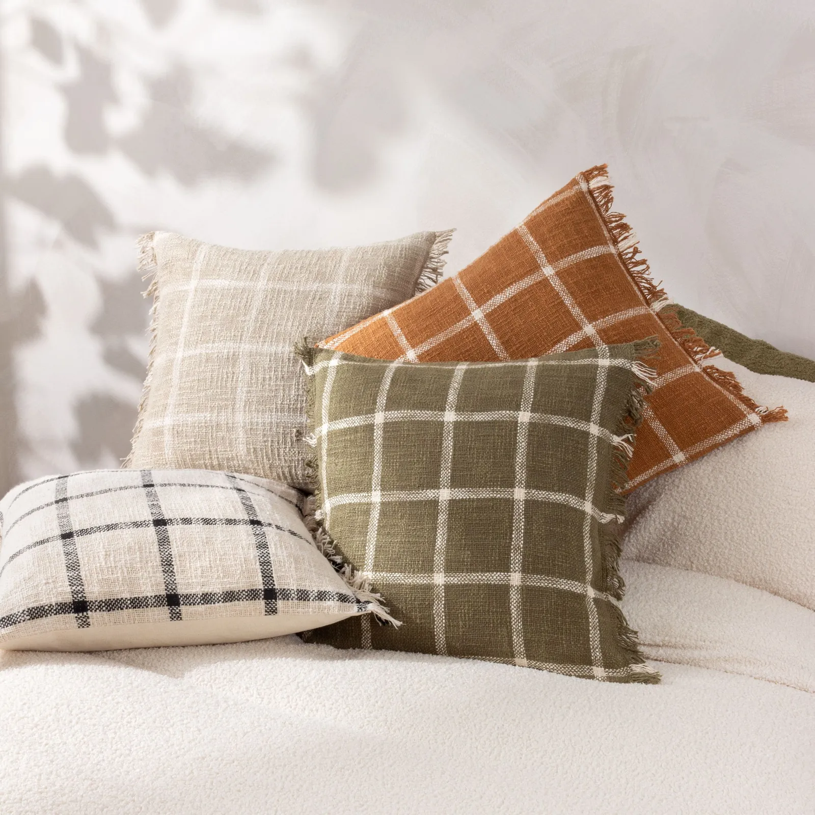 Yard Beni Check 100% Cotton Fringed Cushion in Stone 6