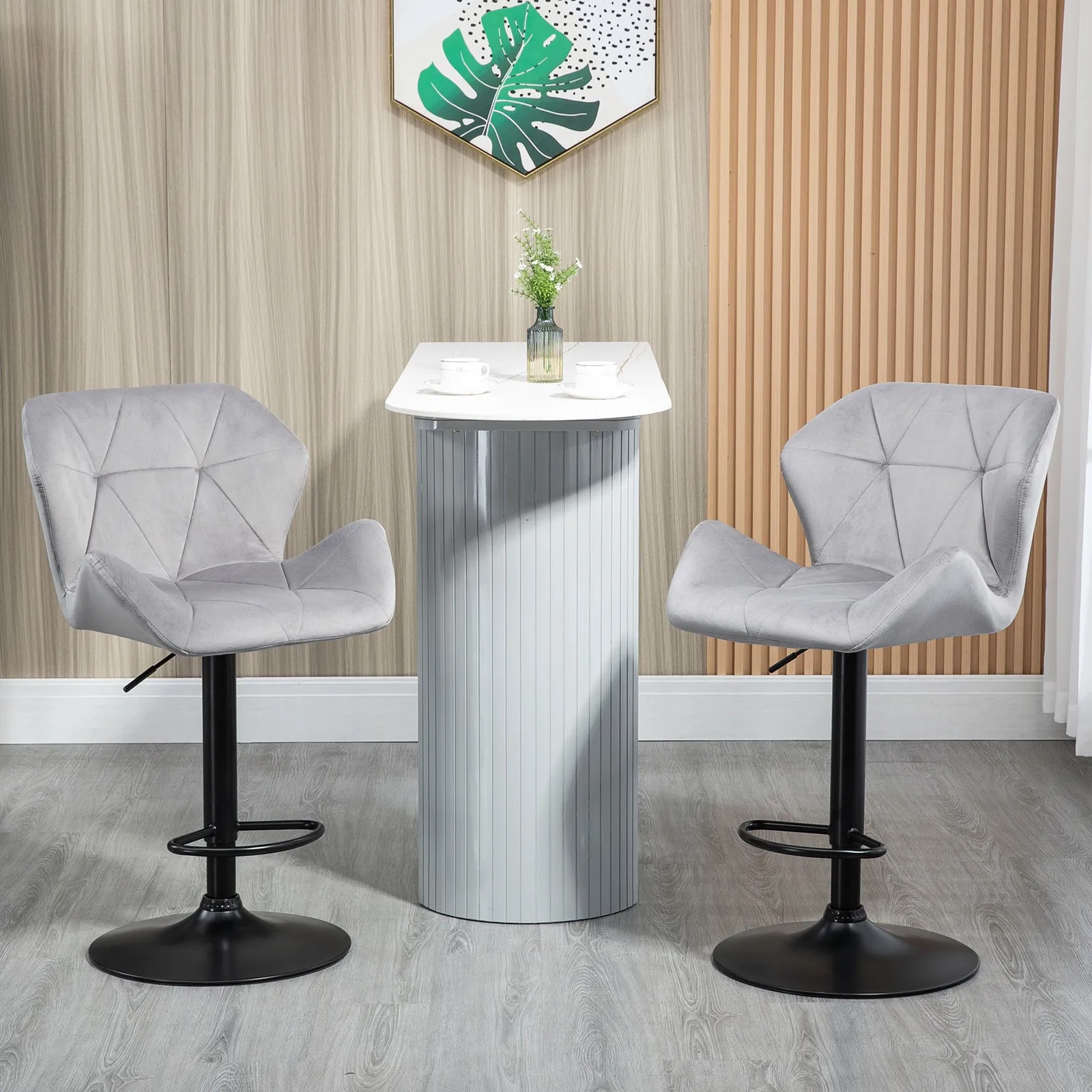 HOMCOM Of 2 Luxurious Velvet-Touch Bar Stools w/ Metal Frame Footrest Base in Grey