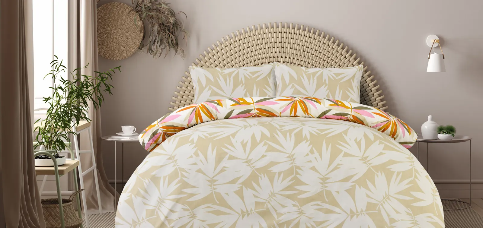 Smart Living Luxury Super Soft Reversible Bright Leaves Duvet Cover With Pillowcase in Natural 2