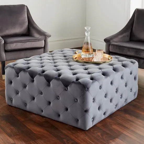 Casper Velvet Button Cocktail Ottoman In Grey