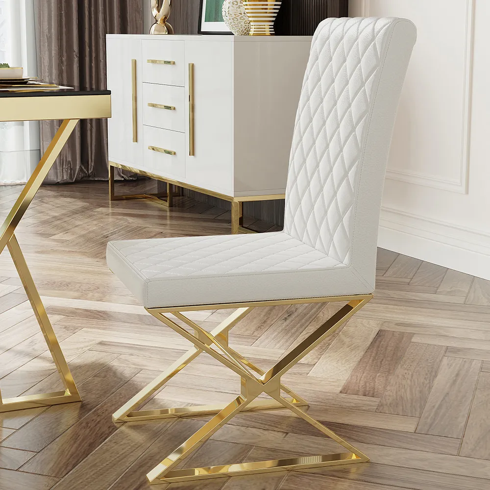 Dochic Modern White Leather Dining Room Chair Upholstered Gold Legs (Set of 8)