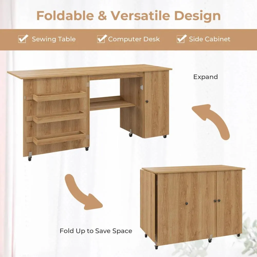 Costway Large Foldable Sewing Table Rolling Drop Leaf Craft Table with Lockable Casters in Natural 2
