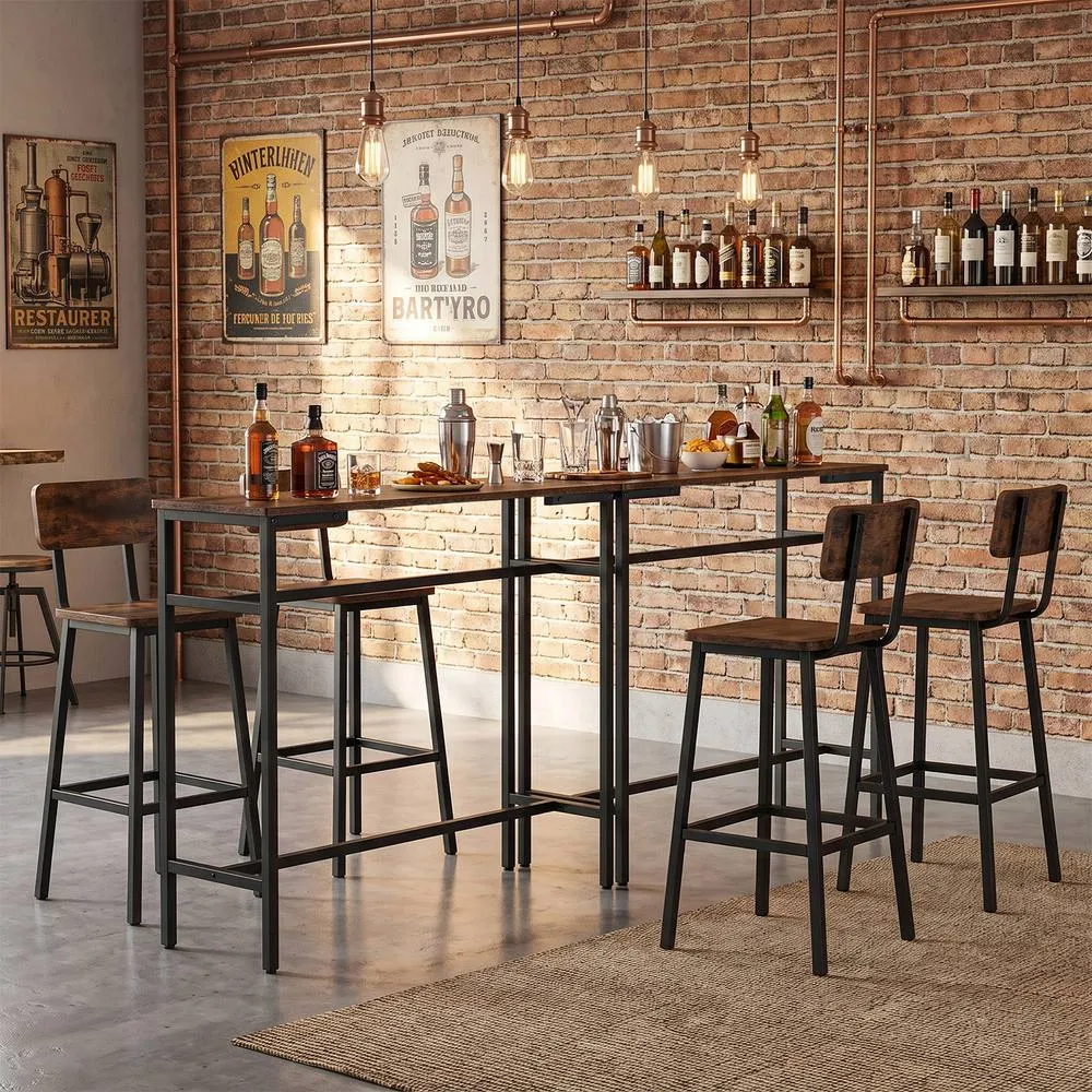 Costway 100 cm Long Bar Table Industrial Counter Height Table With Footrest in Brown 4