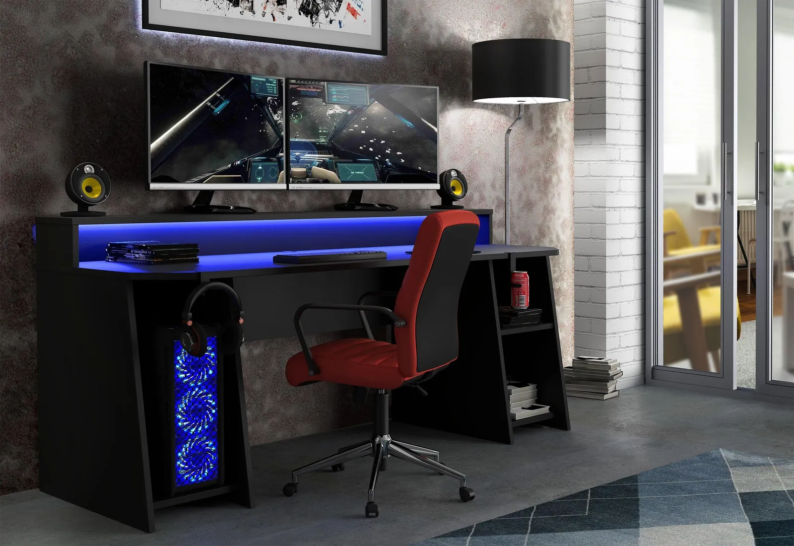 Furniture To Go Loadout Wide Black Gaming Desk with Colour Changing LED 3