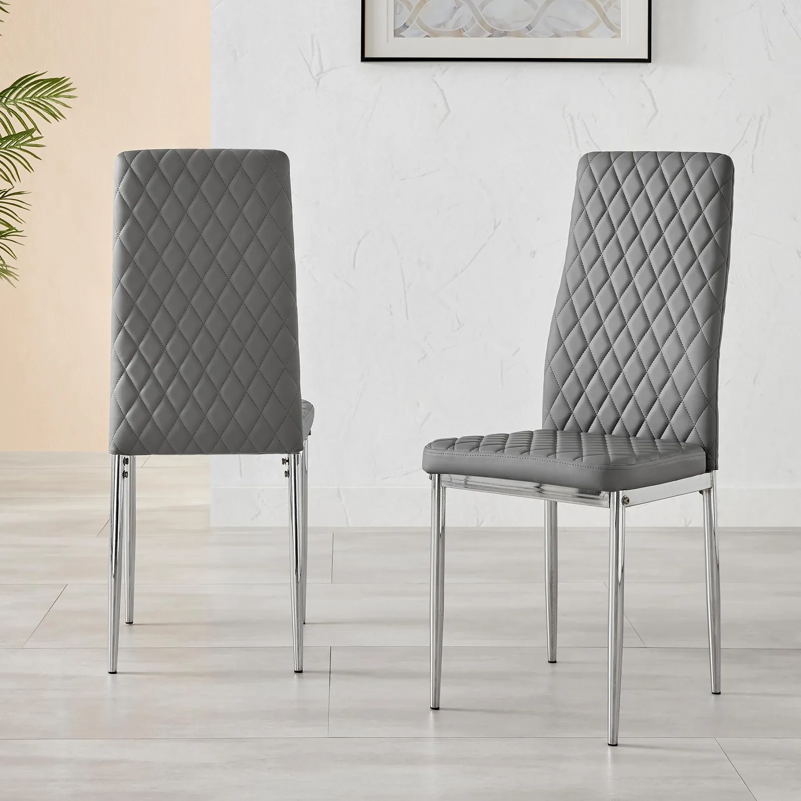 FurnitureboxUK Set of 6 Milan High Back Soft Touch Diamond Pattern Faux Leather Dining Chairs With Silver Chrome Metal Legs in Grey 3