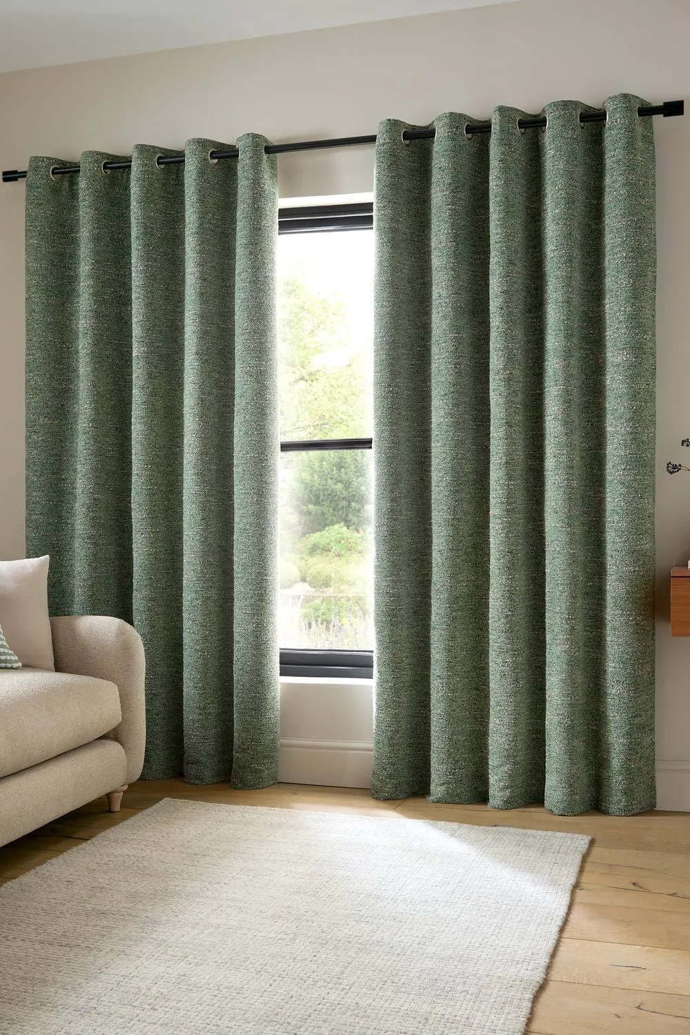 Catherine Lansfield 'Chunky Boucle' Lined Eyelet Curtains in Green 1