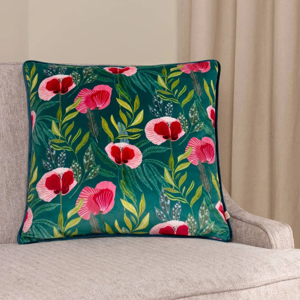 Wylder Nature House of Bloom Poppy Piped Cushion in Teal