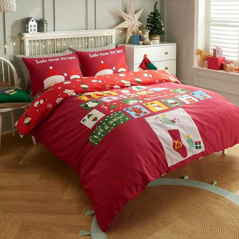 Smart Living Red Advent Calendar Reversible Polycotton Duvet Cover & Pillowcase Set 6