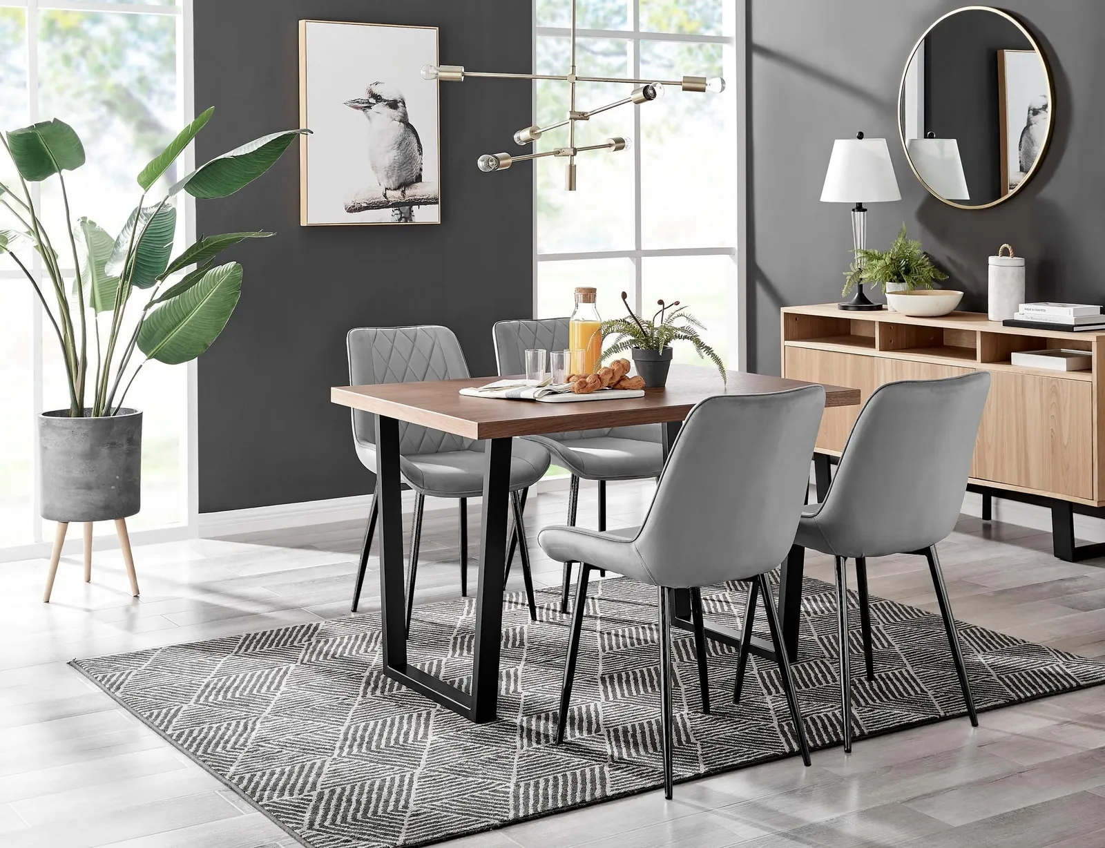 FurnitureboxUK Kylo Brown Wood Effect Dining Table With Black 'U' Legs & 4 Pesaro Velvet Chairs in Grey 1