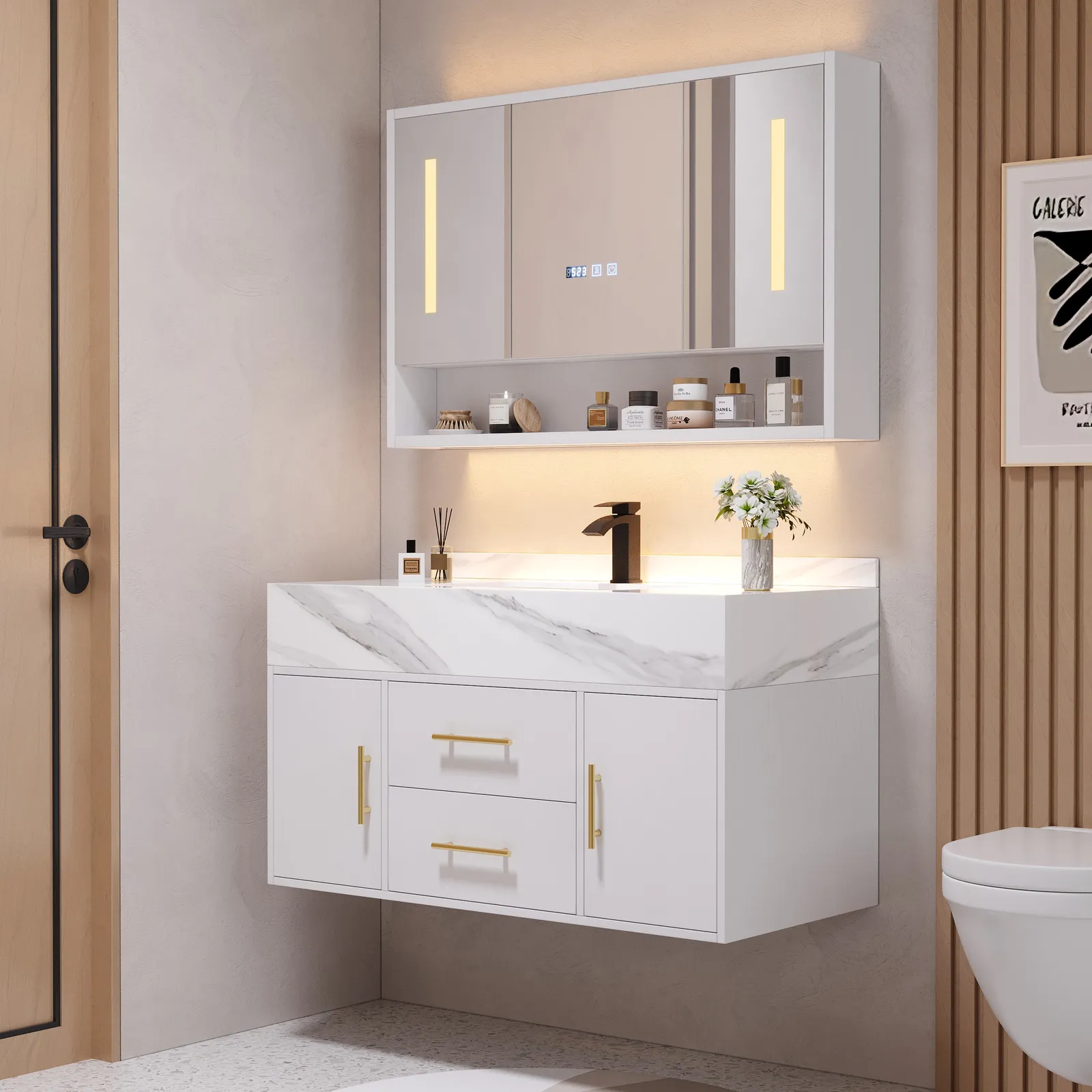 100cm White Floating Bathroom Vanity Set with LED Mirror Cabinet