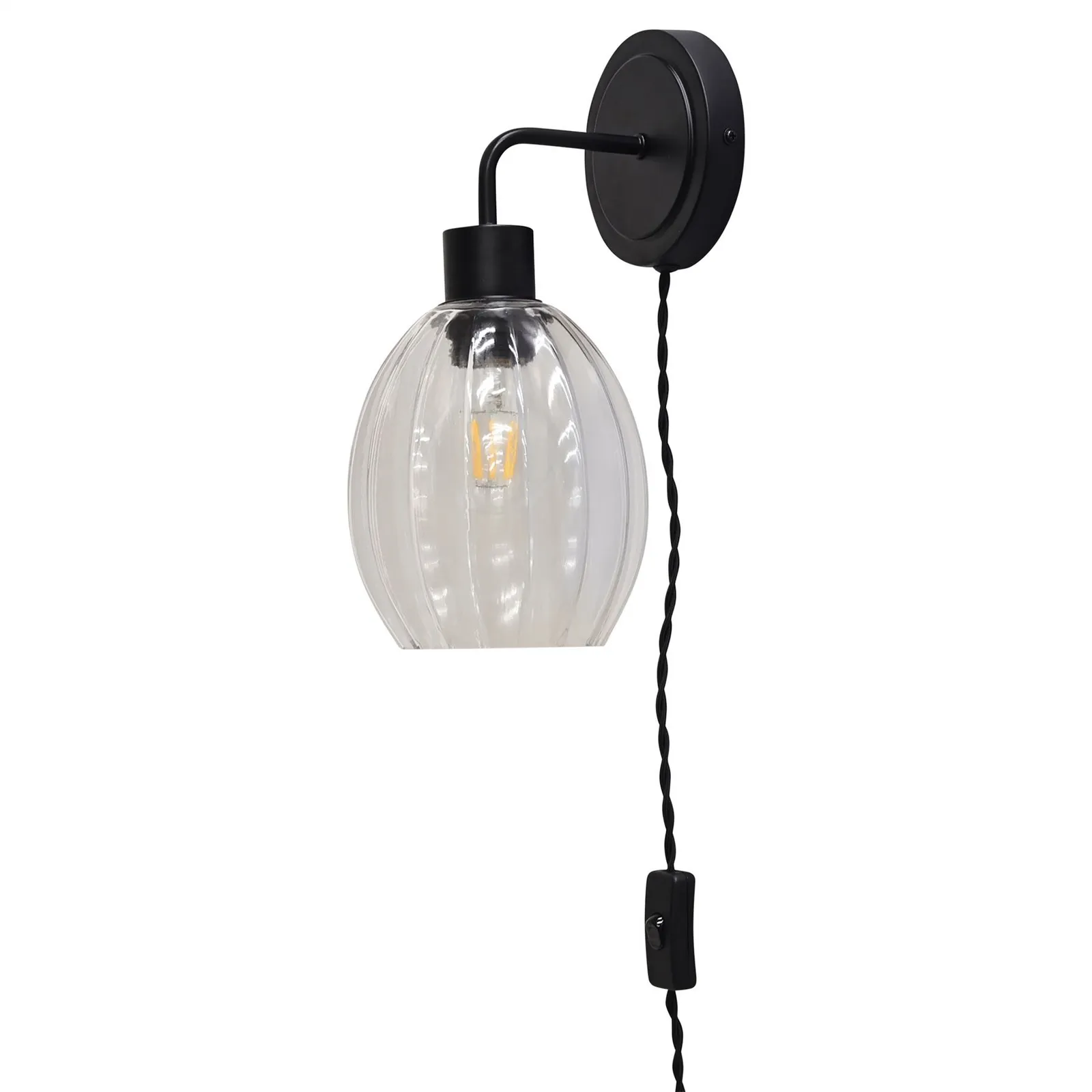 First Choice Lighting Set of 2 Toby - Black Plug in Wall Lights Fluted Glass Shades 2