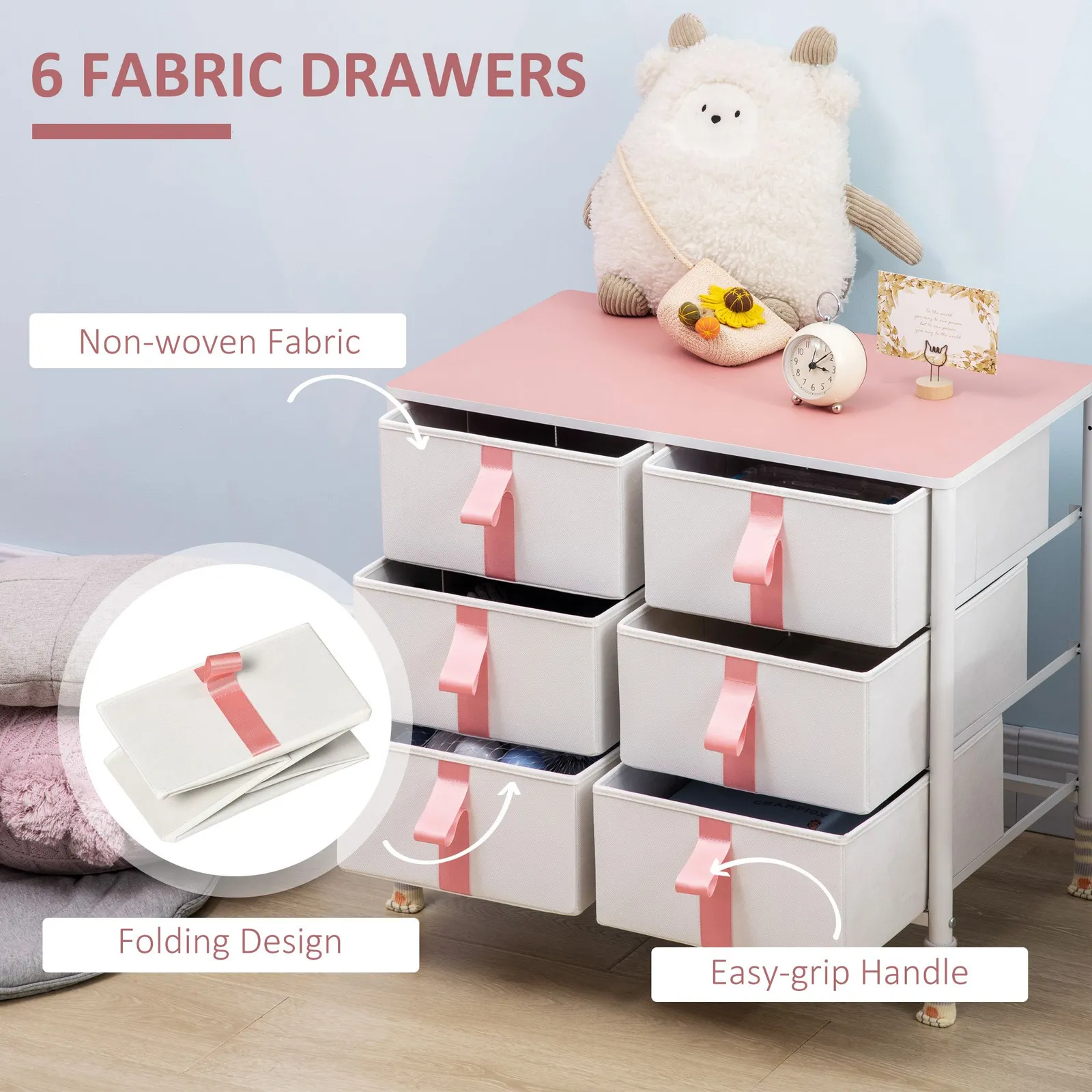 HOMCOM of Drawers Cloth Organizer w/ 3/6 Fabric Drawers Metal Frame Nursery Room in Pink 4