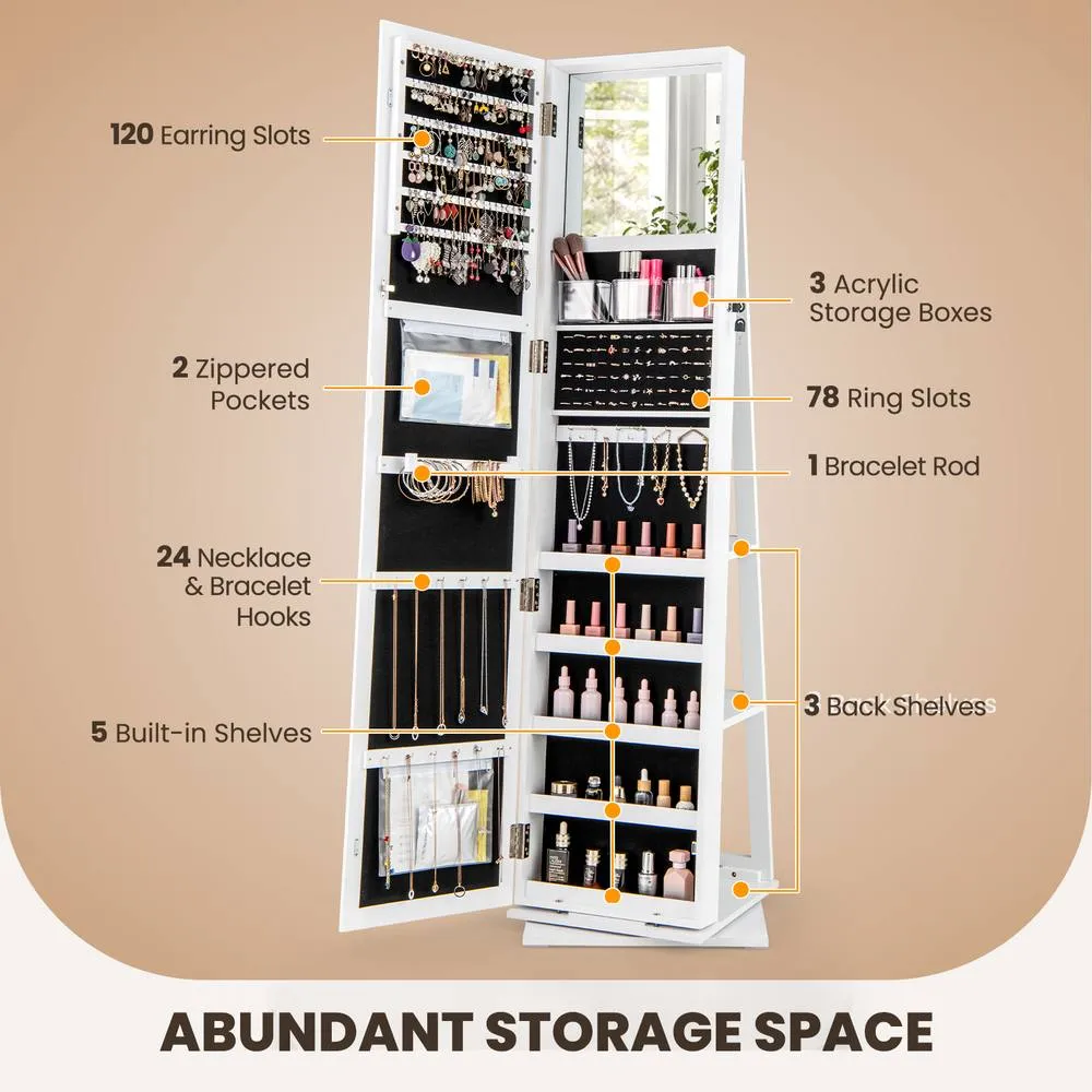 Costway 360° Swivel Jewelry Armoire Standing Organizer Mirror in White 5