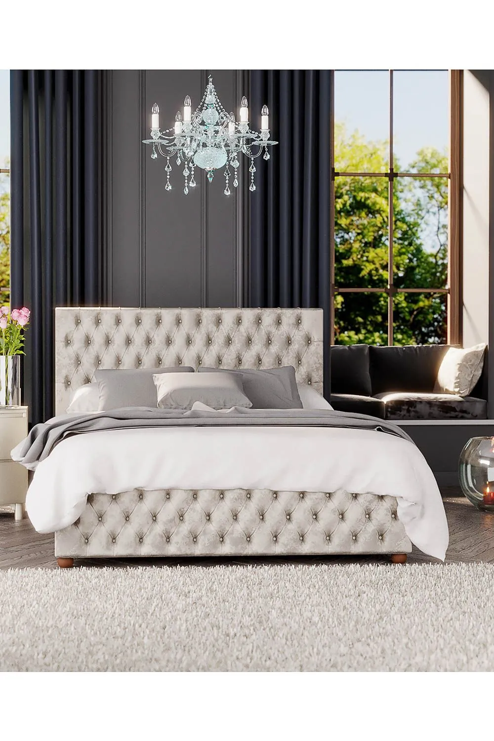 Laurence Llewelyn-Bowen Seren Ottoman Storage Bed in Mirazzi Velvet Fabric, Custom Made in Ivory 5