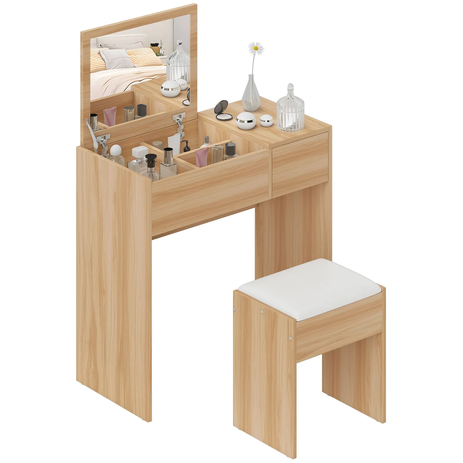 HOMCOM Dressing Table Set Cushioned Stool Flip-up Mirror Drawer Chipboard in Natural 2