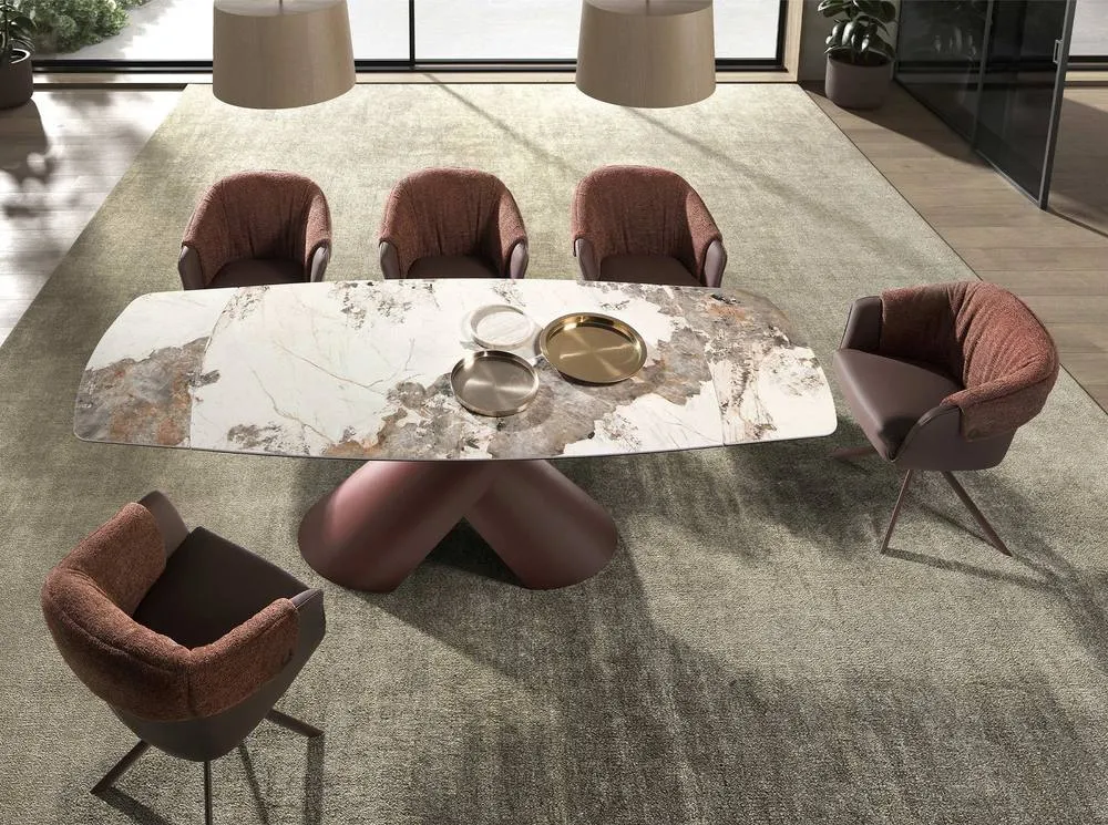 Angel Cerda Extendable Barrel Porcelain Dining Table with Steel Legs in White 4